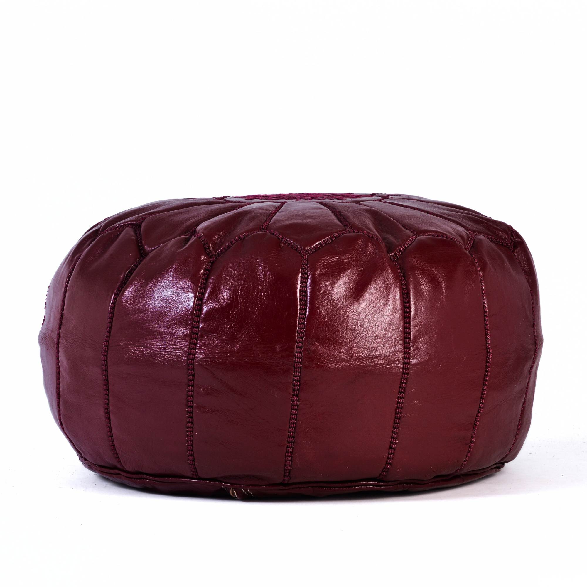 Burgundy Hand-Stitched Genuine Leather Ottoman Pouf with Embroidery