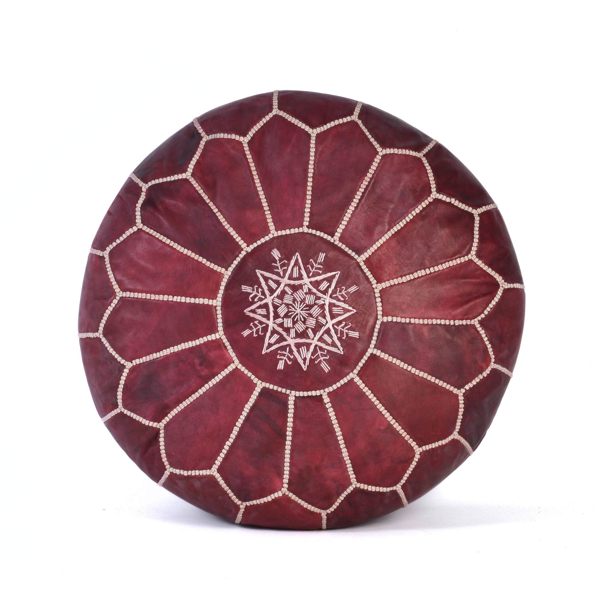 Best Burgundy Hand-Stitched Genuine Leather Ottoman Pouf with Embroidery