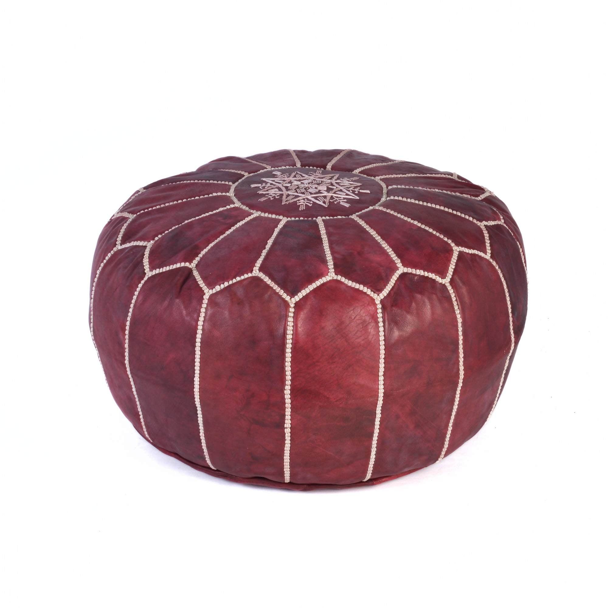 Best Burgundy Round Leather Pouf Boho Footstool Home Decor - LuxoraCraft