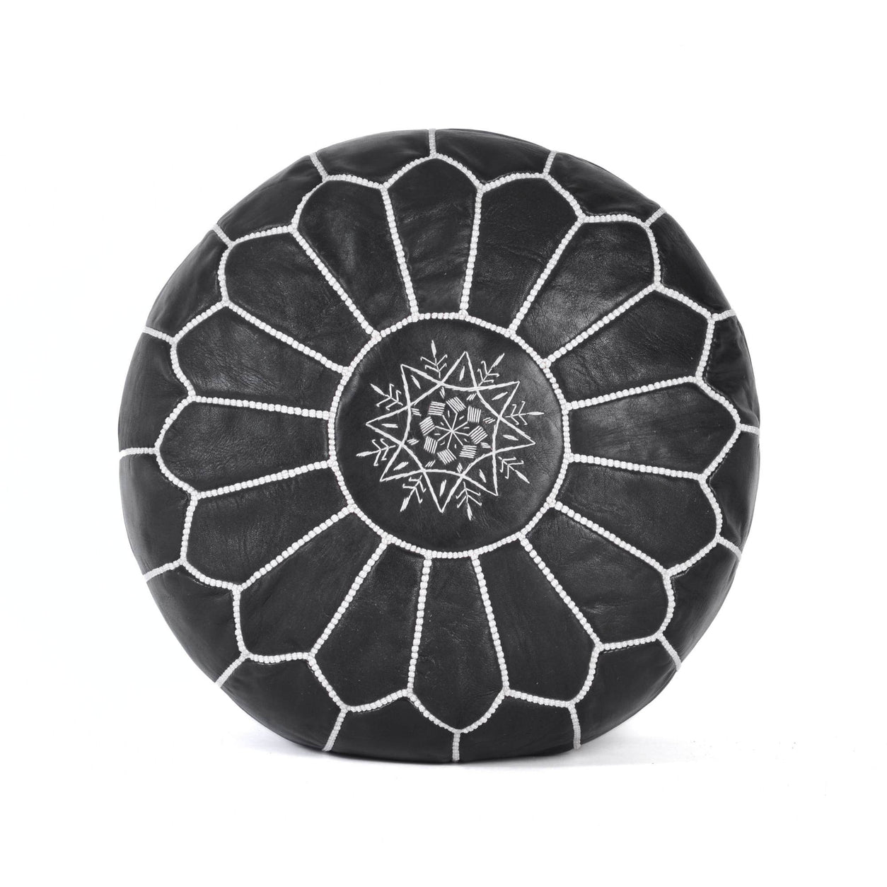 Black Leather Pouf Authentic Moroccan Handmade Footstool - LuxoraCraft
