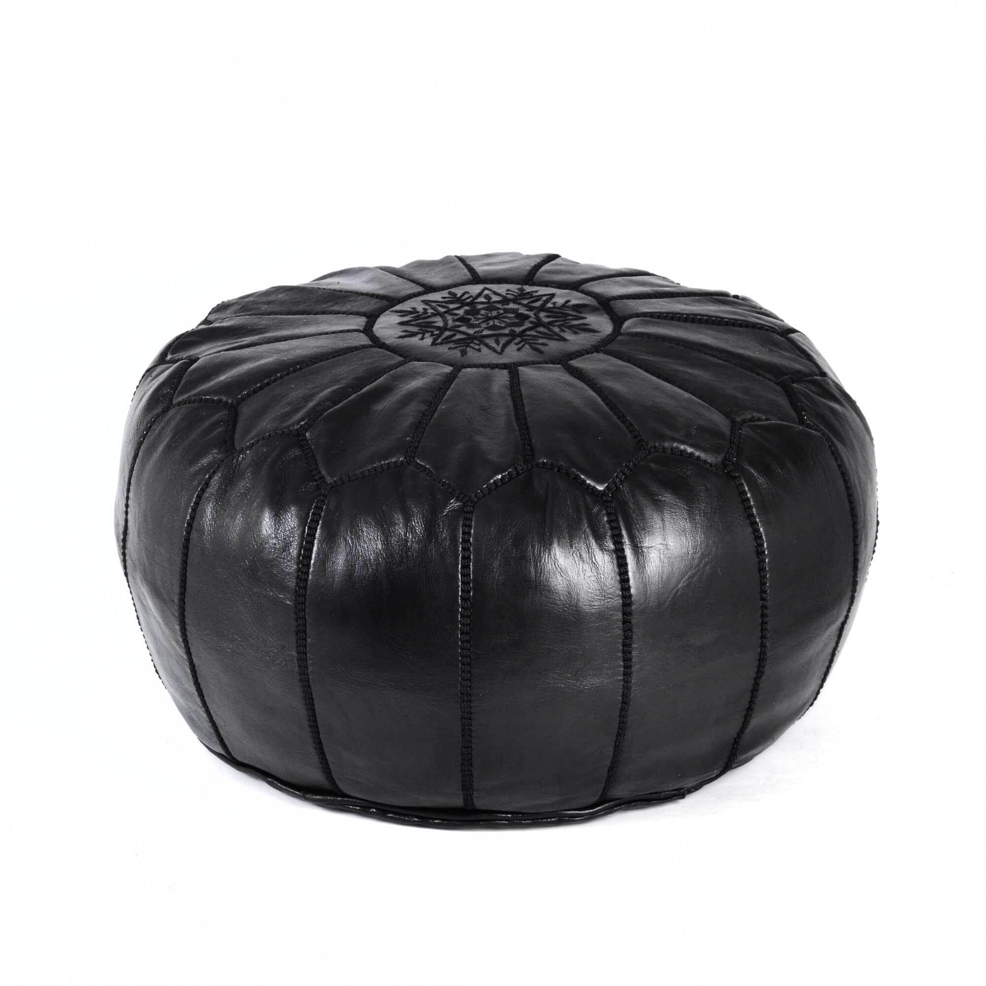 Almond Black Round Leather Pouf Boho Footstool Decor - LuxoraCraft