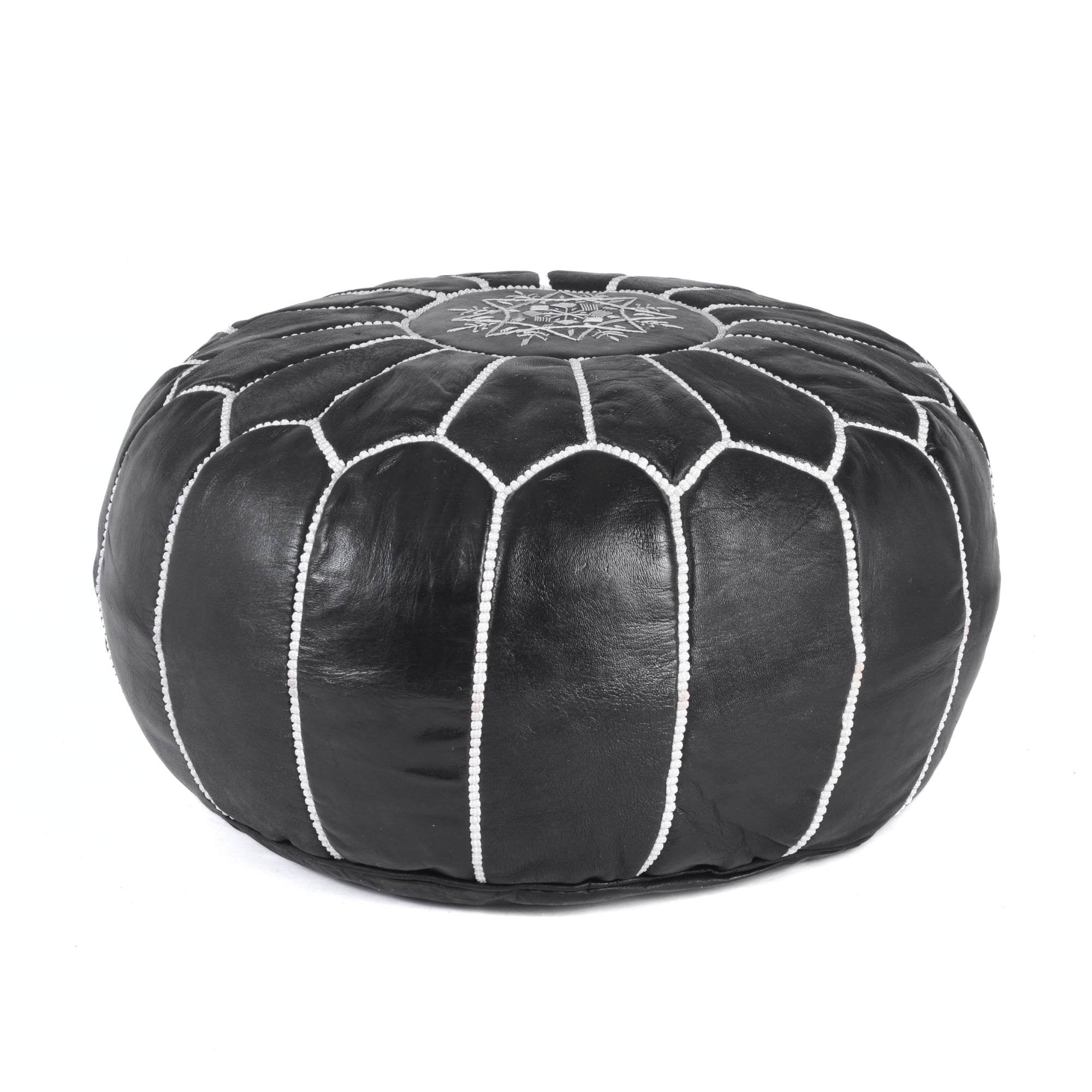 Black Hand-Stitched Genuine Leather Ottoman Pouf with Embroidery