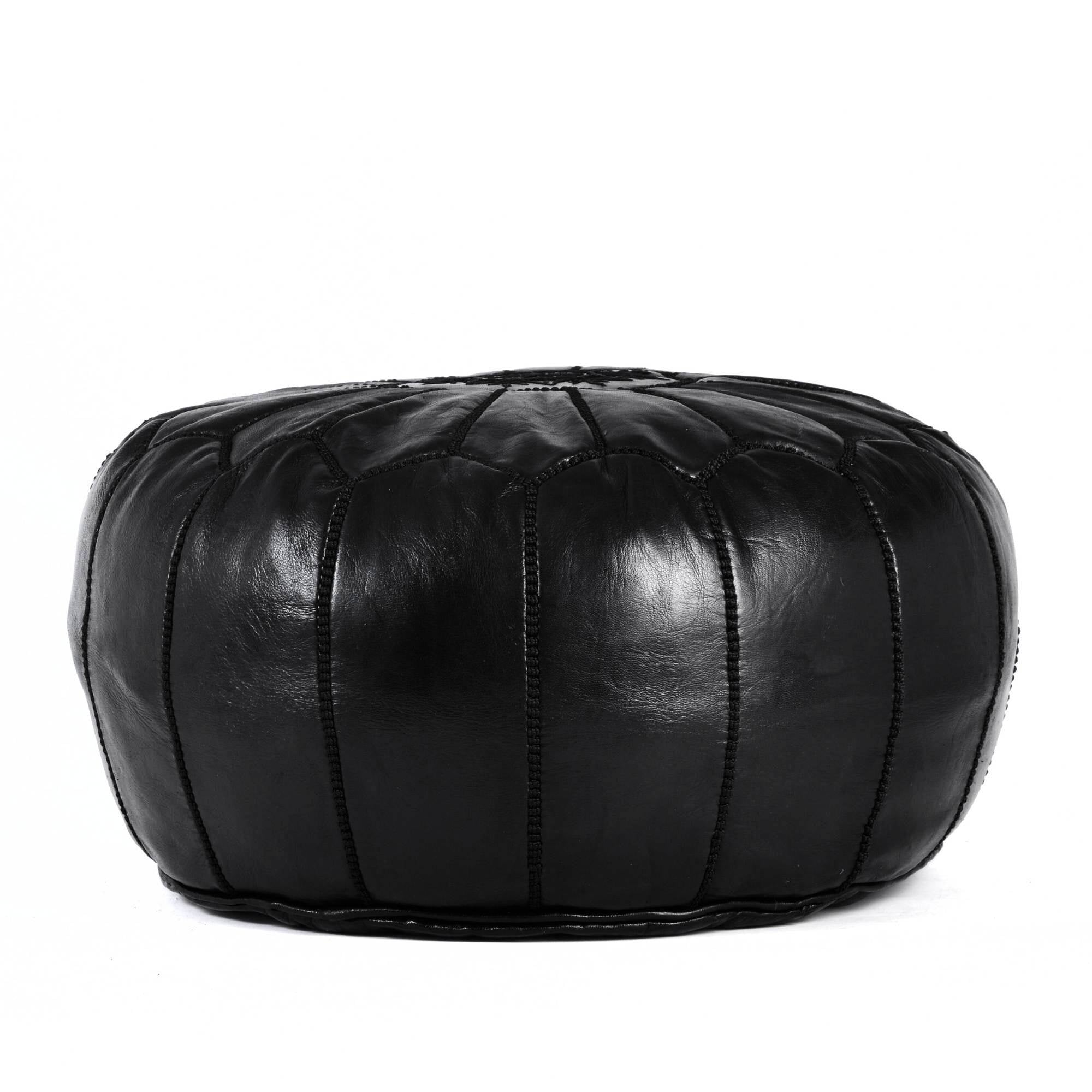 Almond Black Genuine Goat Leather Ottoman Pouf Living Room - LuxoraCraft