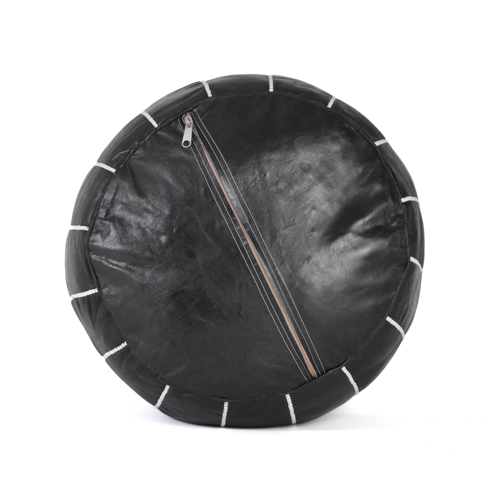 Black Hand-Stitched Genuine Leather Ottoman Pouf with Embroidery