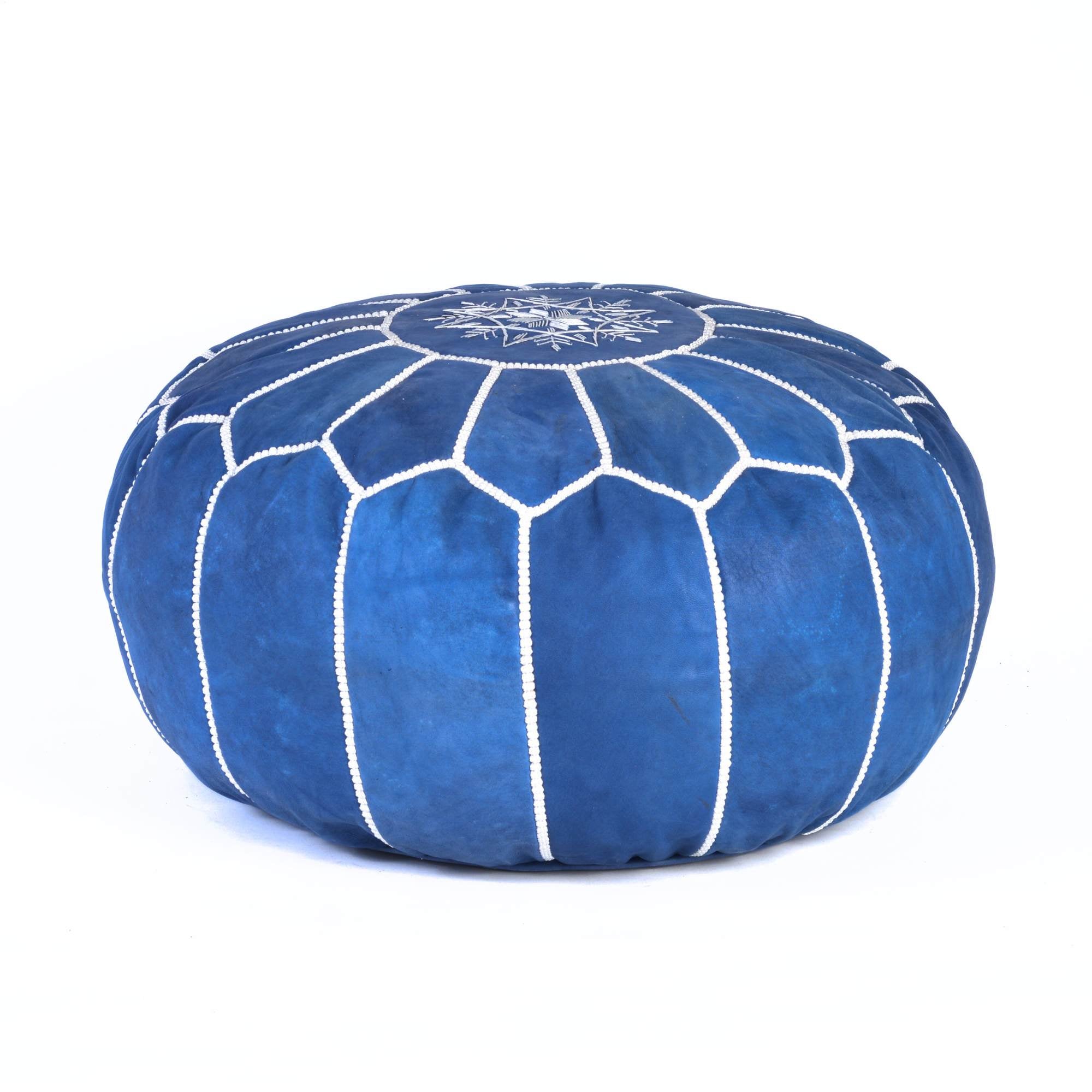 Blue Jeans Hand-Stitched Genuine Leather Ottoman Pouf with Embroidery