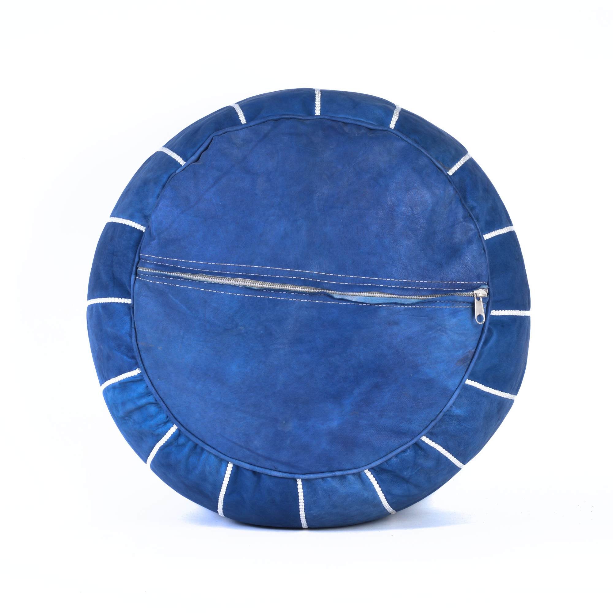 Blue Jeans Hand-Stitched Genuine Leather Ottoman Pouf with Embroidery