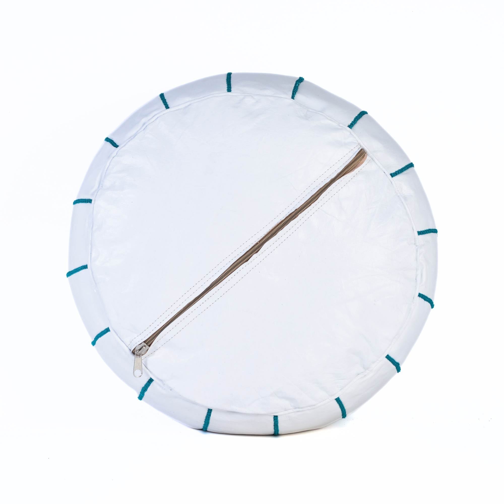 Blue Sky Hand-Stitched Genuine Leather Ottoman Pouf with Embroidery