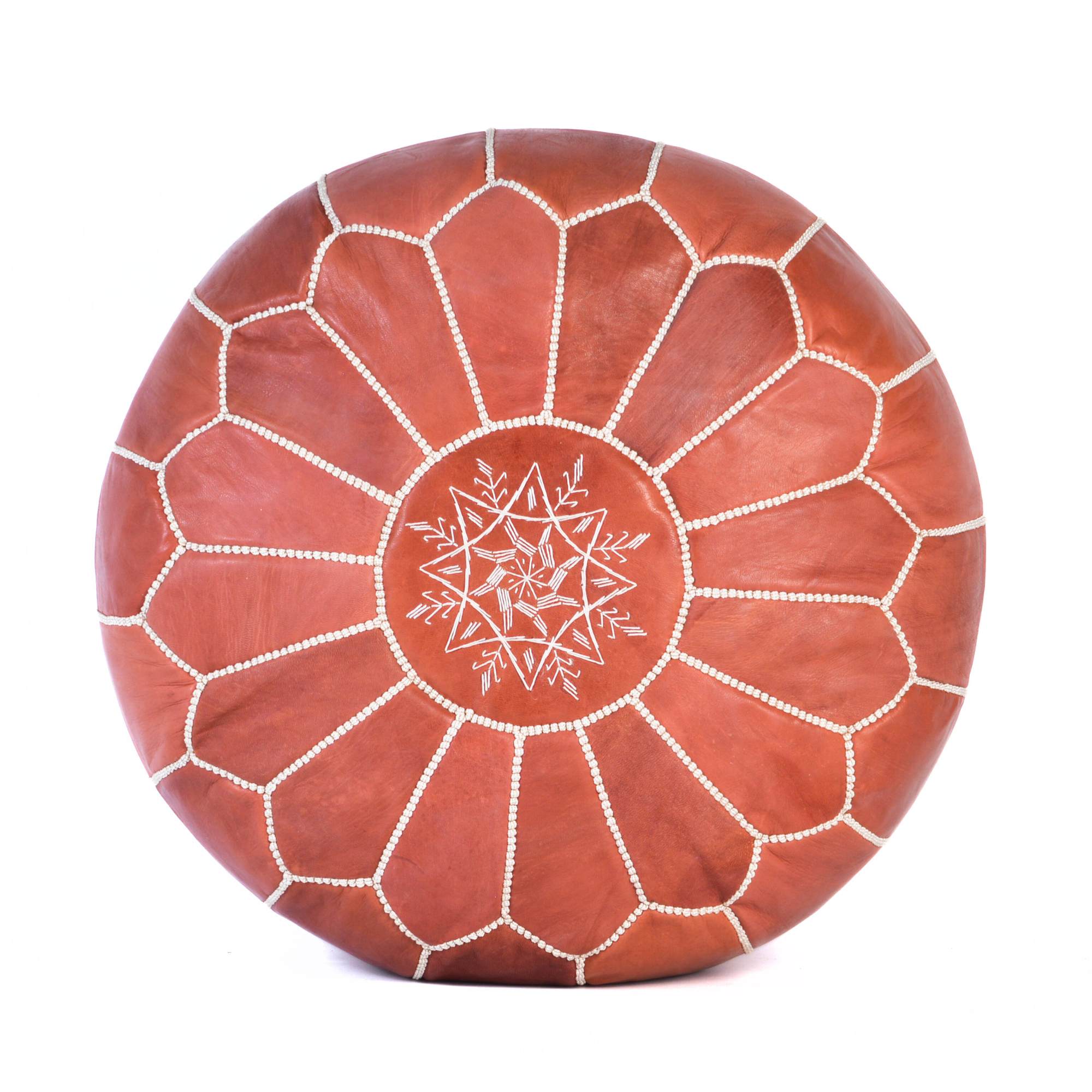 Almond Brown Hand-Stitched Genuine Leather Ottoman Pouf with Embroidery