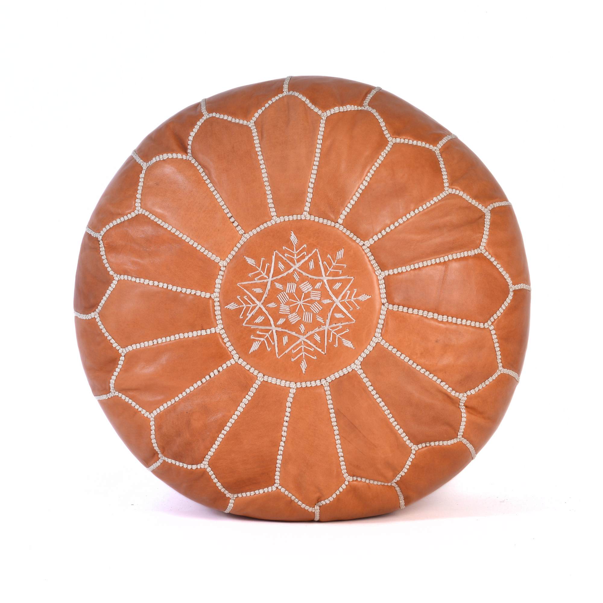 Cognac Hand-Stitched Genuine Leather Ottoman Pouf with Embroidery