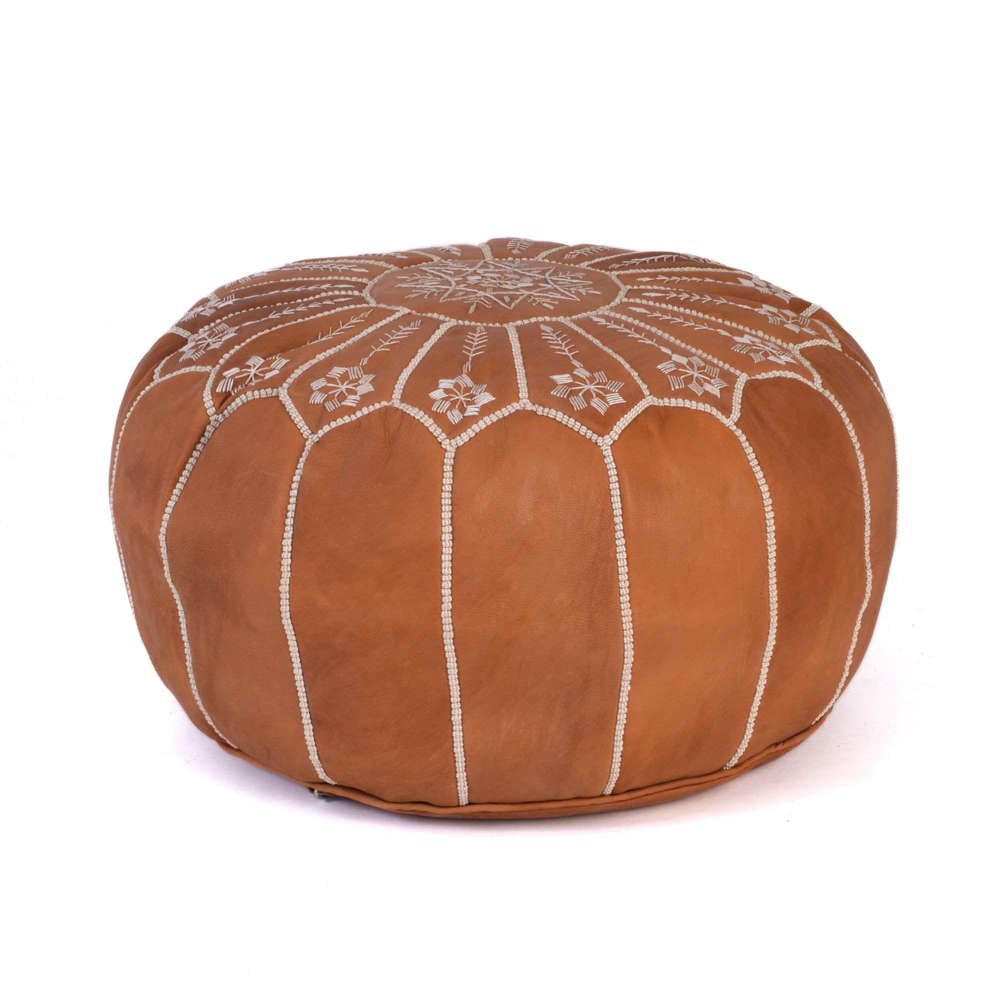 Cognac Hand-Stitched Genuine Leather Ottoman Pouf with New Embroidery Design