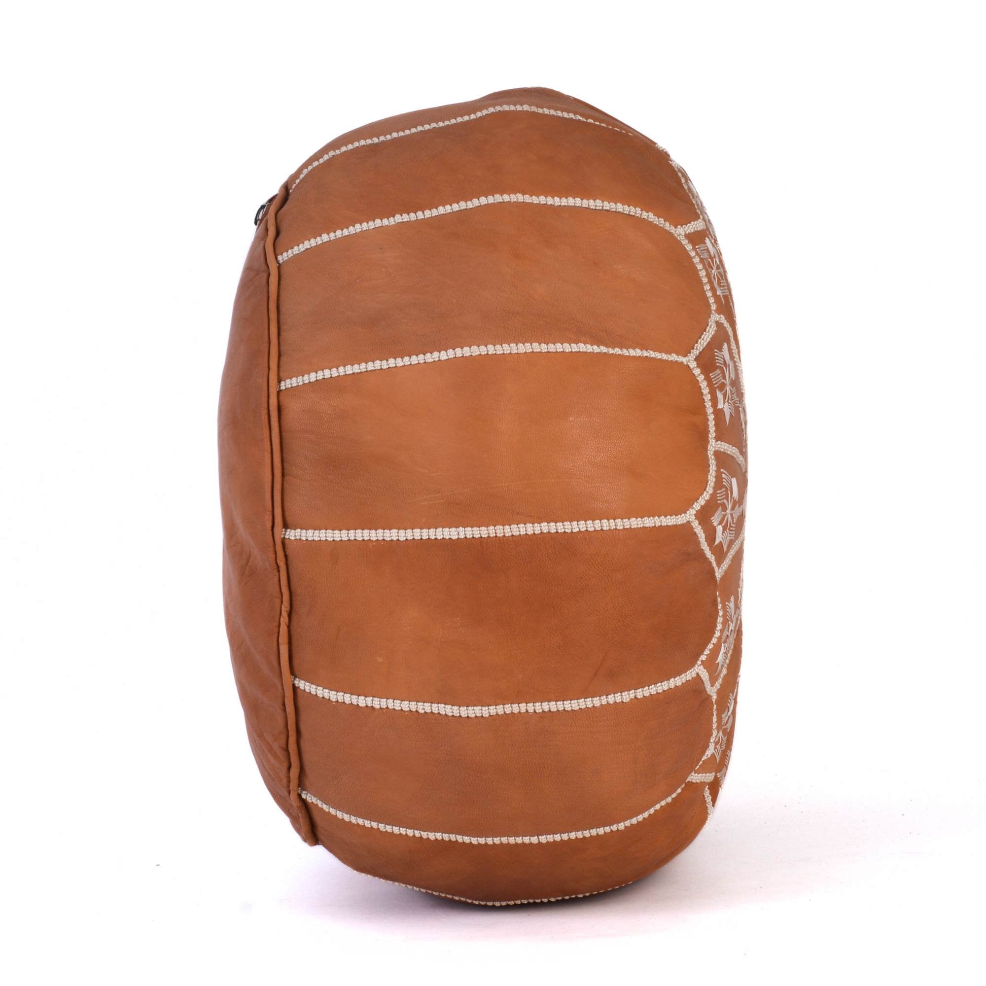 Cognac Hand-Stitched Genuine Leather Ottoman Pouf with New Embroidery Design