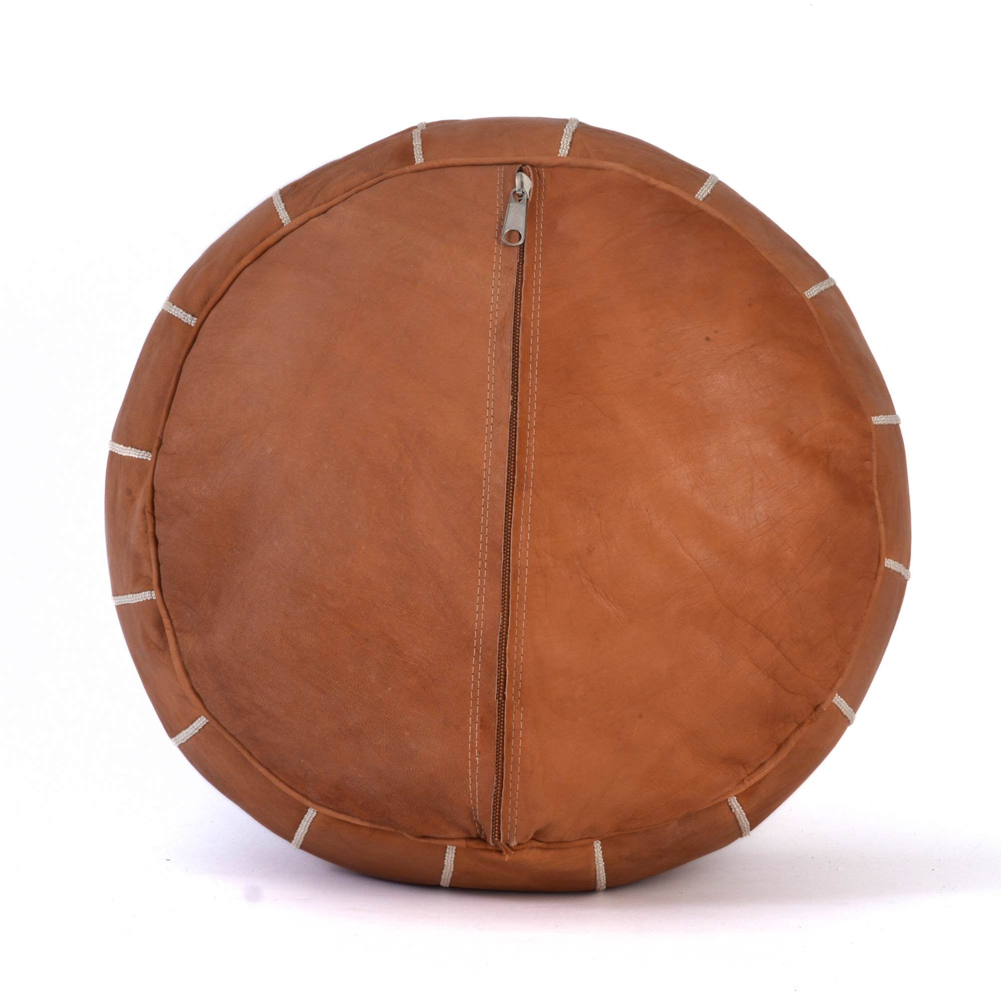 Cognac Hand-Stitched Genuine Leather Ottoman Pouf with New Embroidery Design