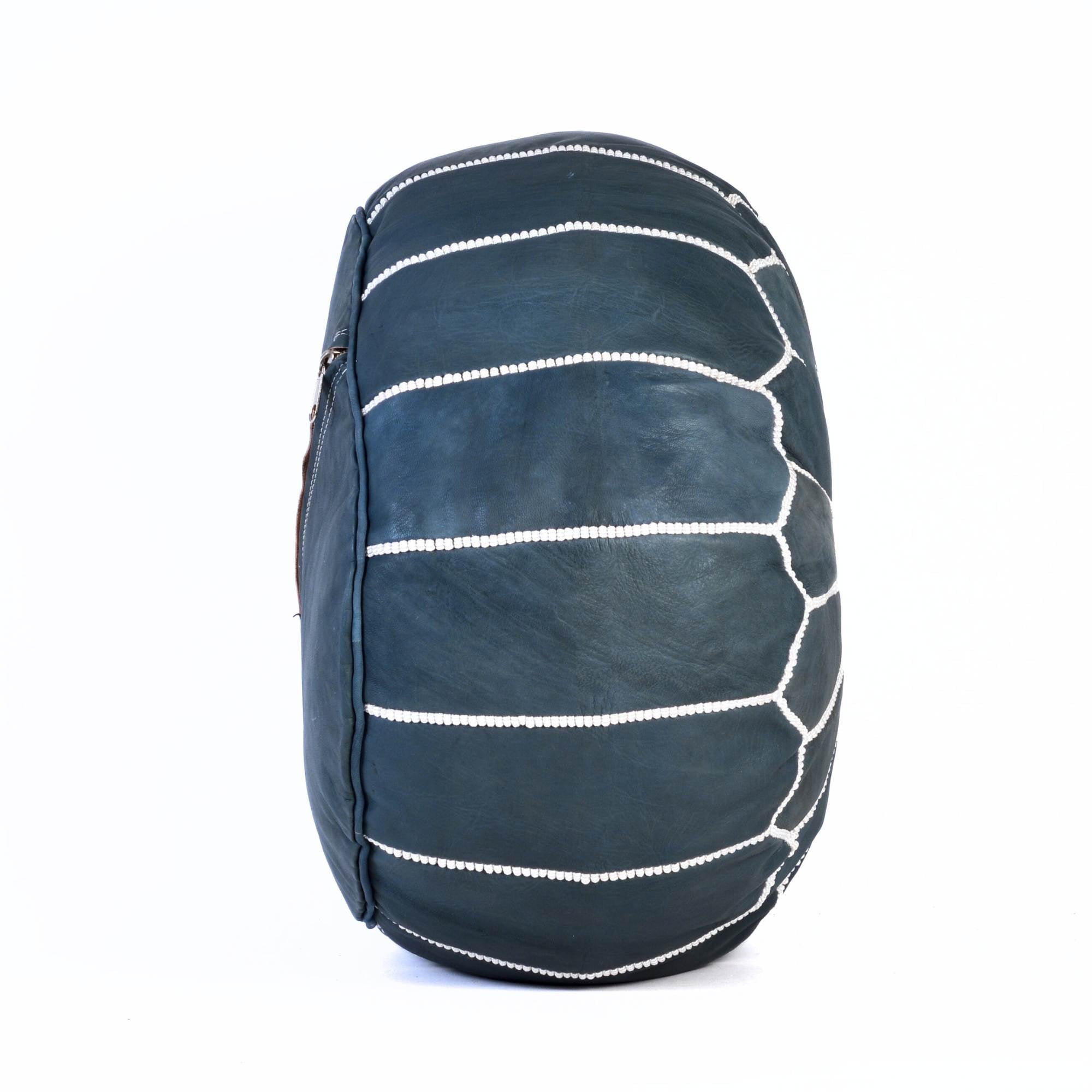 Dark Blue Hand-Stitched Genuine Leather Ottoman Pouf with Embroidery