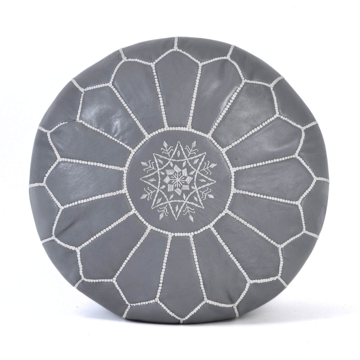 Gray White Leather Pouf Authentic Moroccan Handmade Ottoman - LuxoraCraft