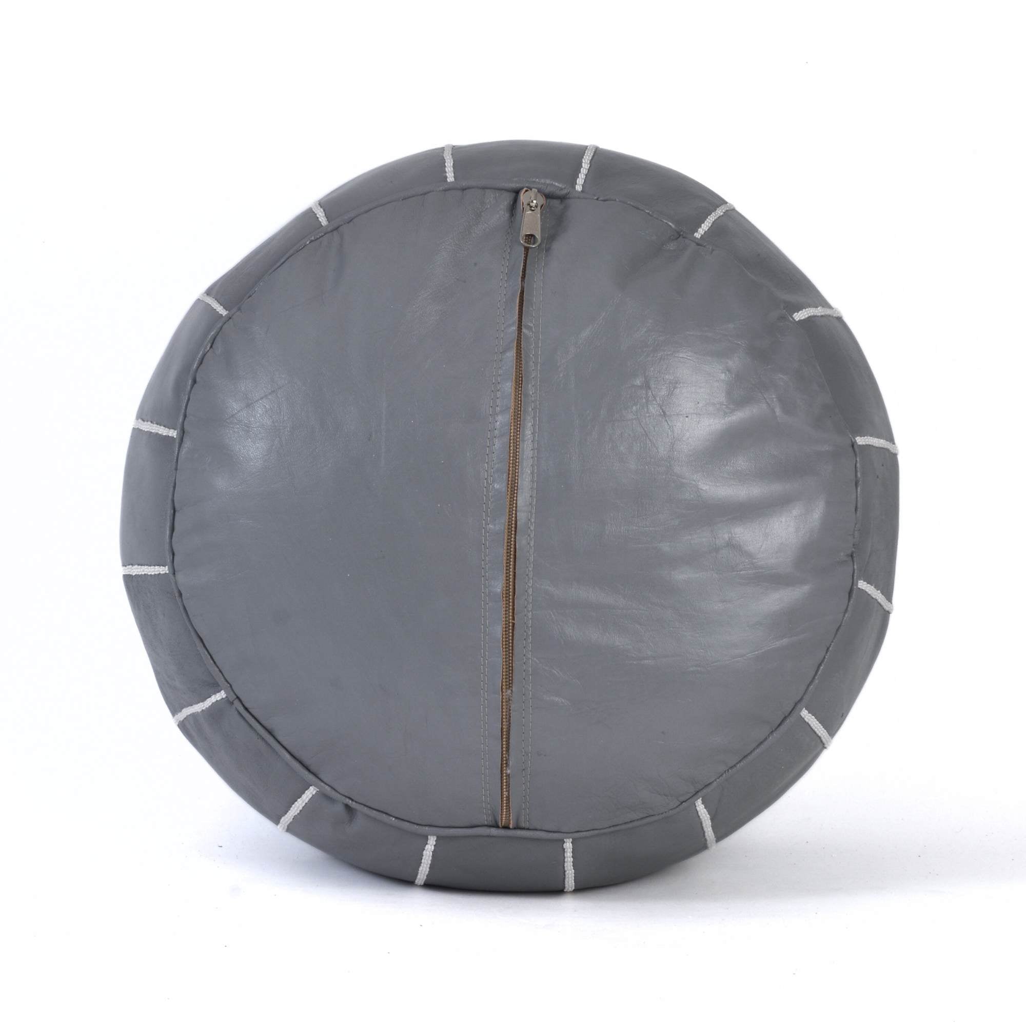 Gray White Hand-Stitched Genuine Leather Ottoman Pouf with Embroidery