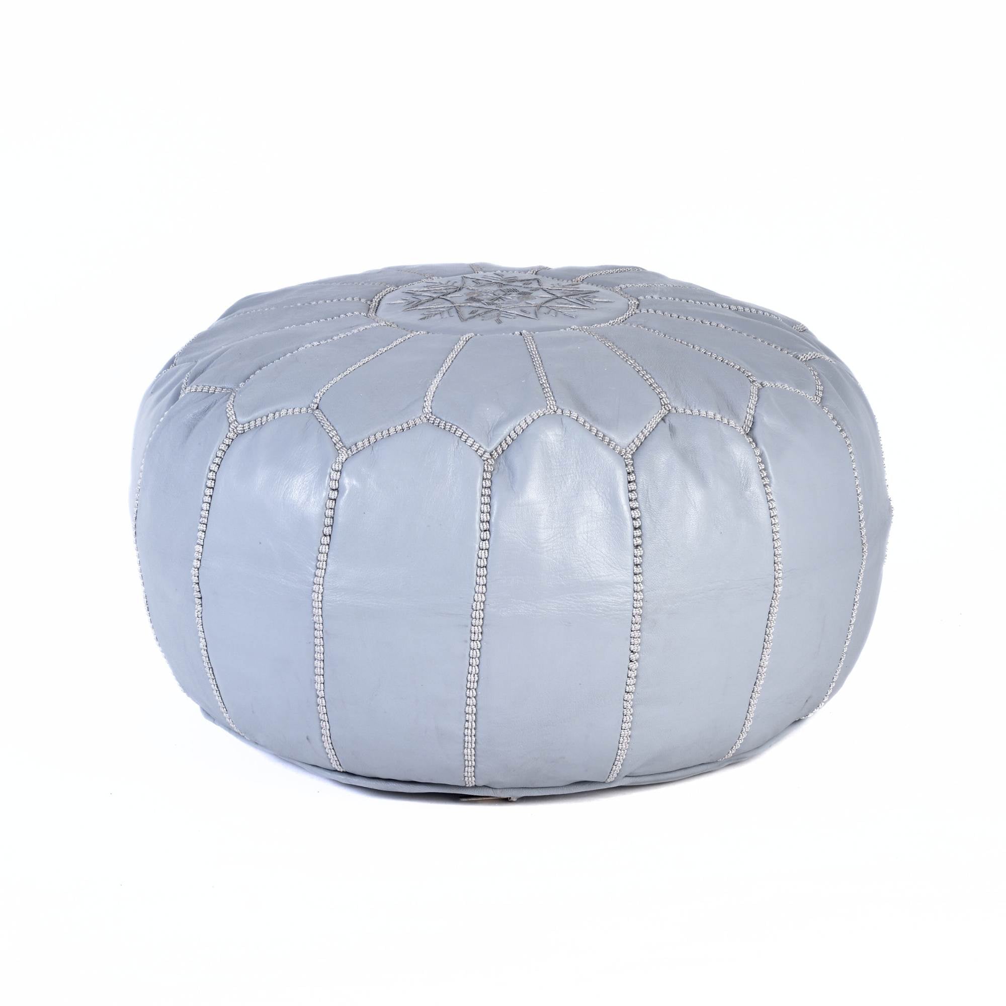 Light Gray Hand-Stitched Genuine Leather Ottoman Pouf with Embroidery