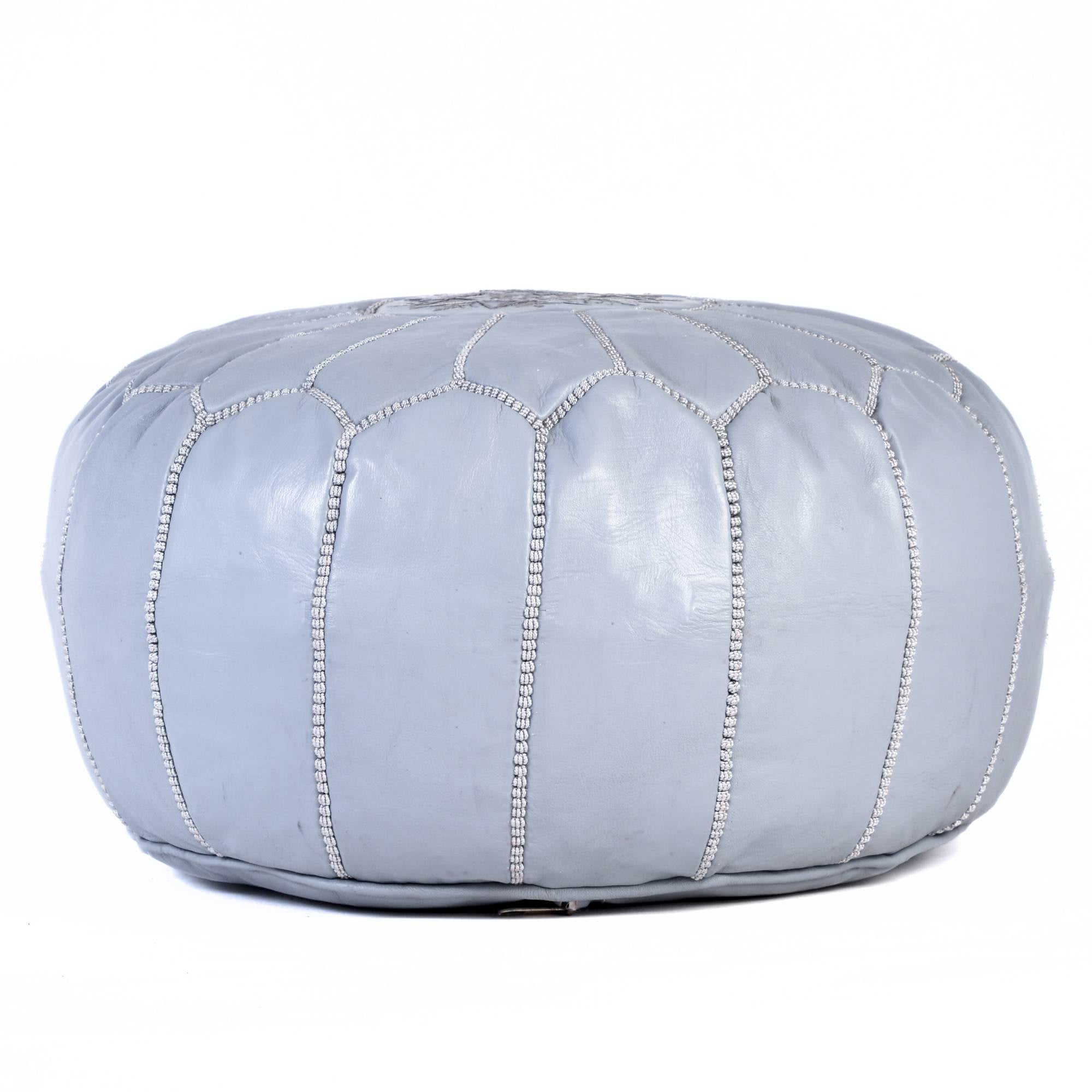 Light Gray Hand-Stitched Genuine Leather Ottoman Pouf with Embroidery