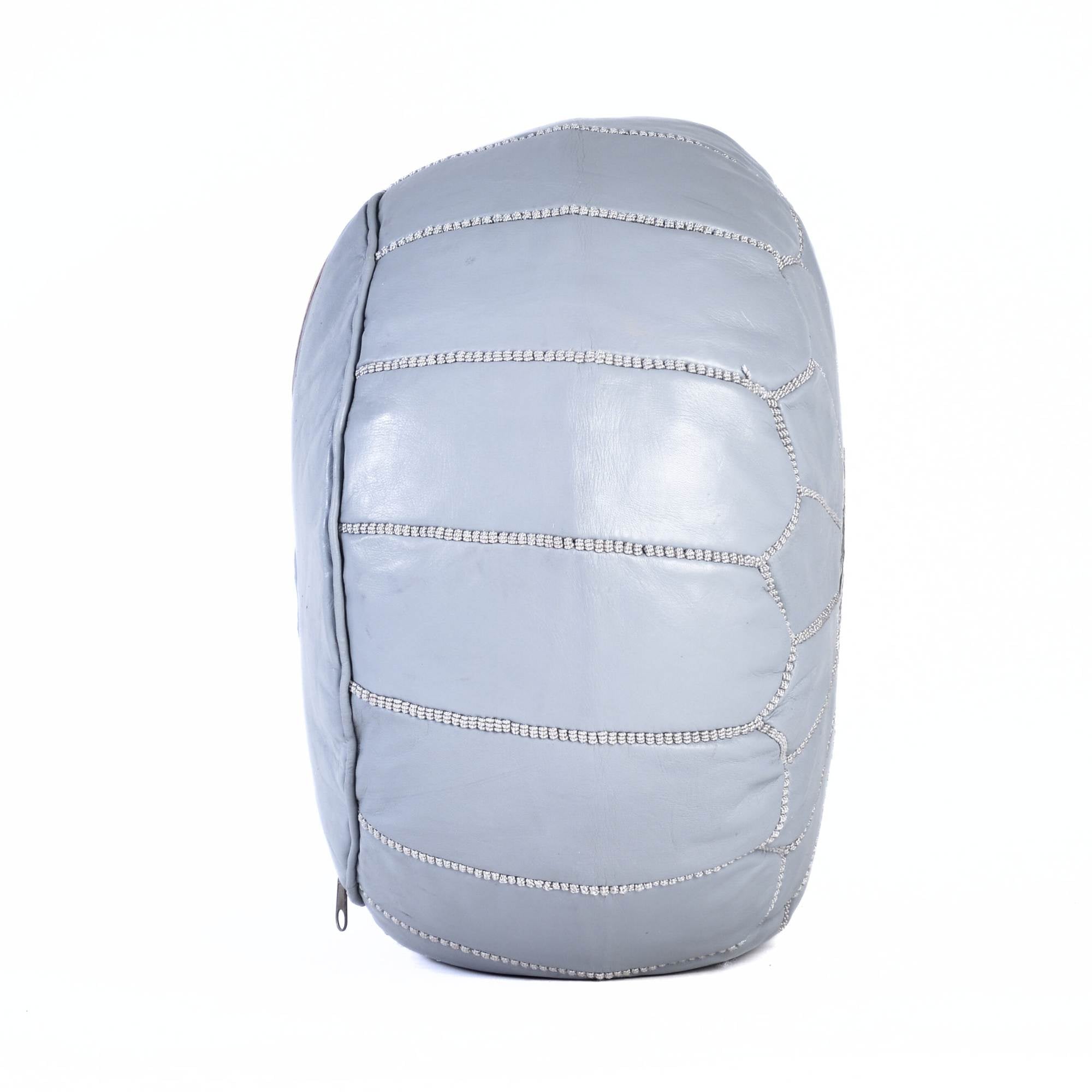Light Gray Hand-Stitched Genuine Leather Ottoman Pouf with Embroidery