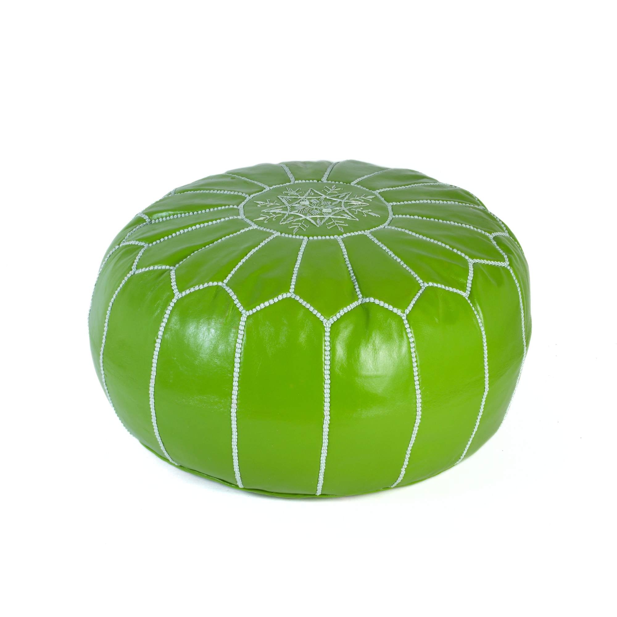 Light Green Hand-Stitched Genuine Leather Ottoman Pouf with Embroidery