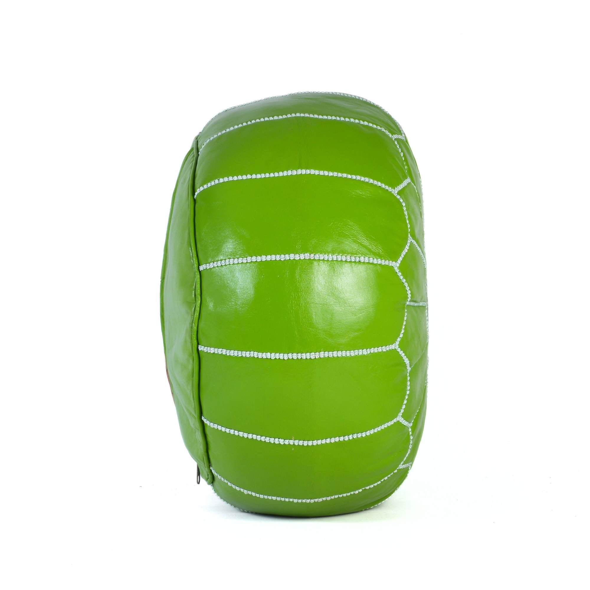 Light Green Hand-Stitched Genuine Leather Ottoman Pouf with Embroidery