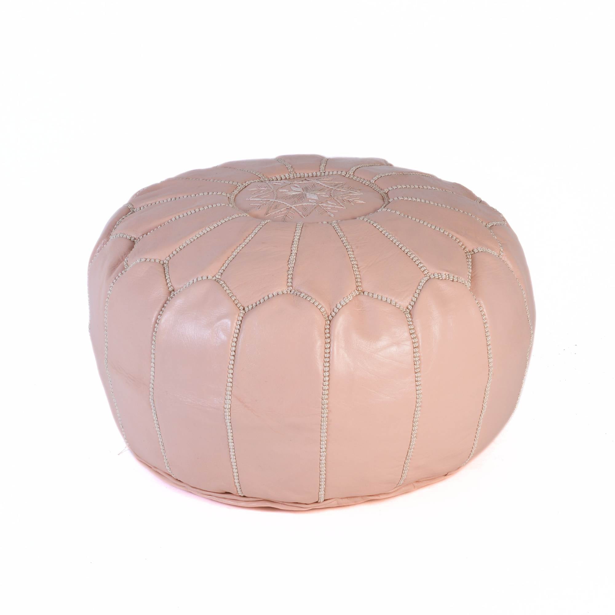 Light Pink Hand-Stitched Genuine Leather Ottoman Pouf with Embroidery
