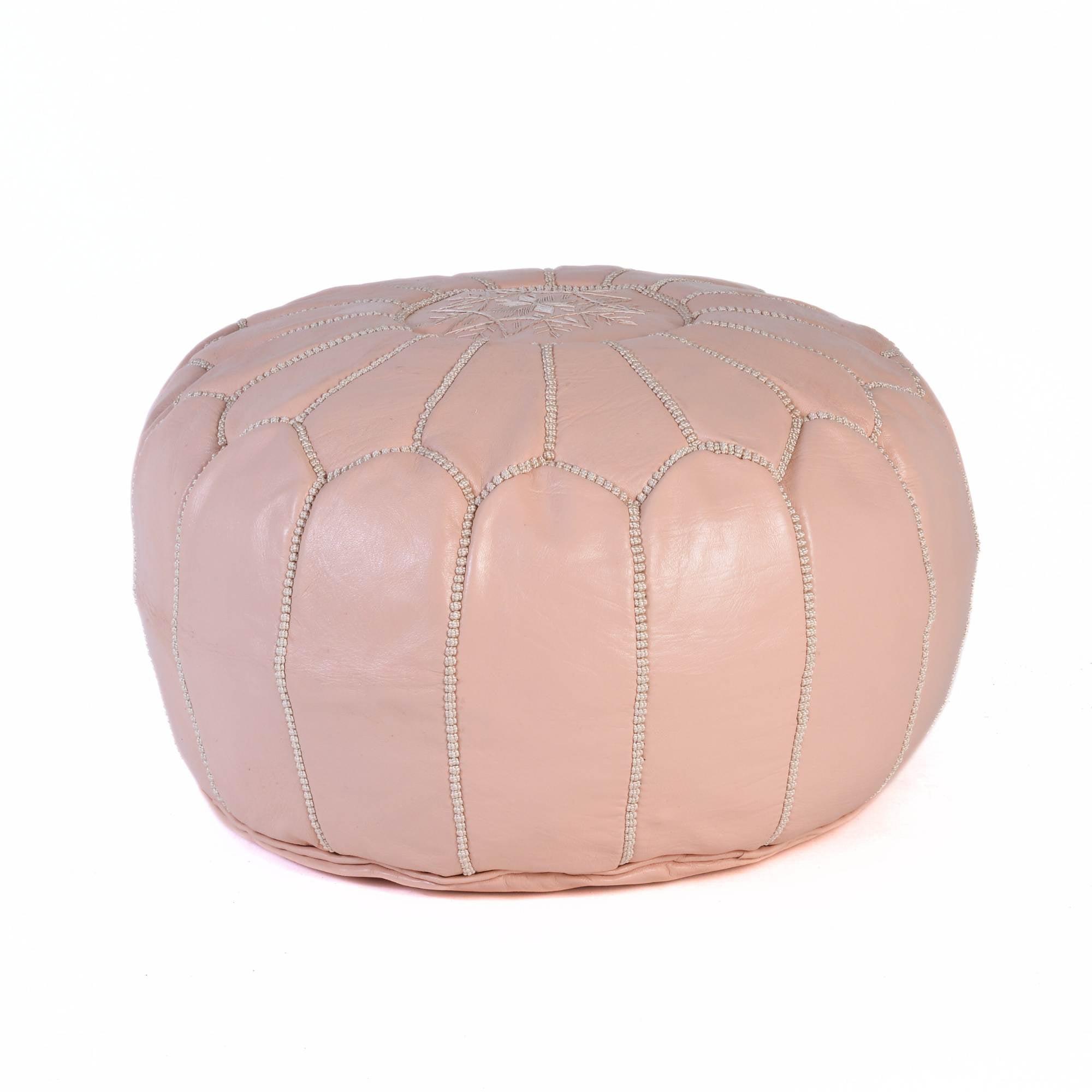 Light Pink Hand-Stitched Genuine Leather Ottoman Pouf with Embroidery
