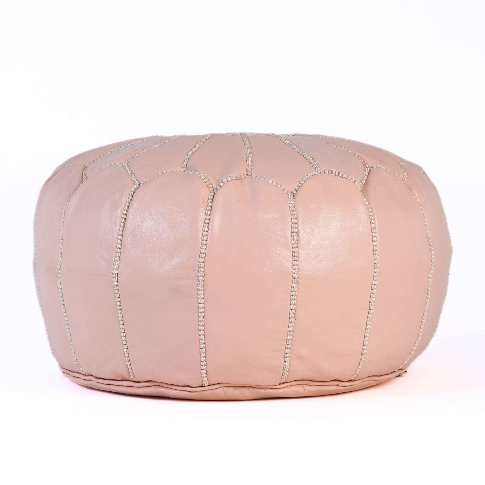 Light Pink Hand-Stitched Genuine Leather Ottoman Pouf with Embroidery