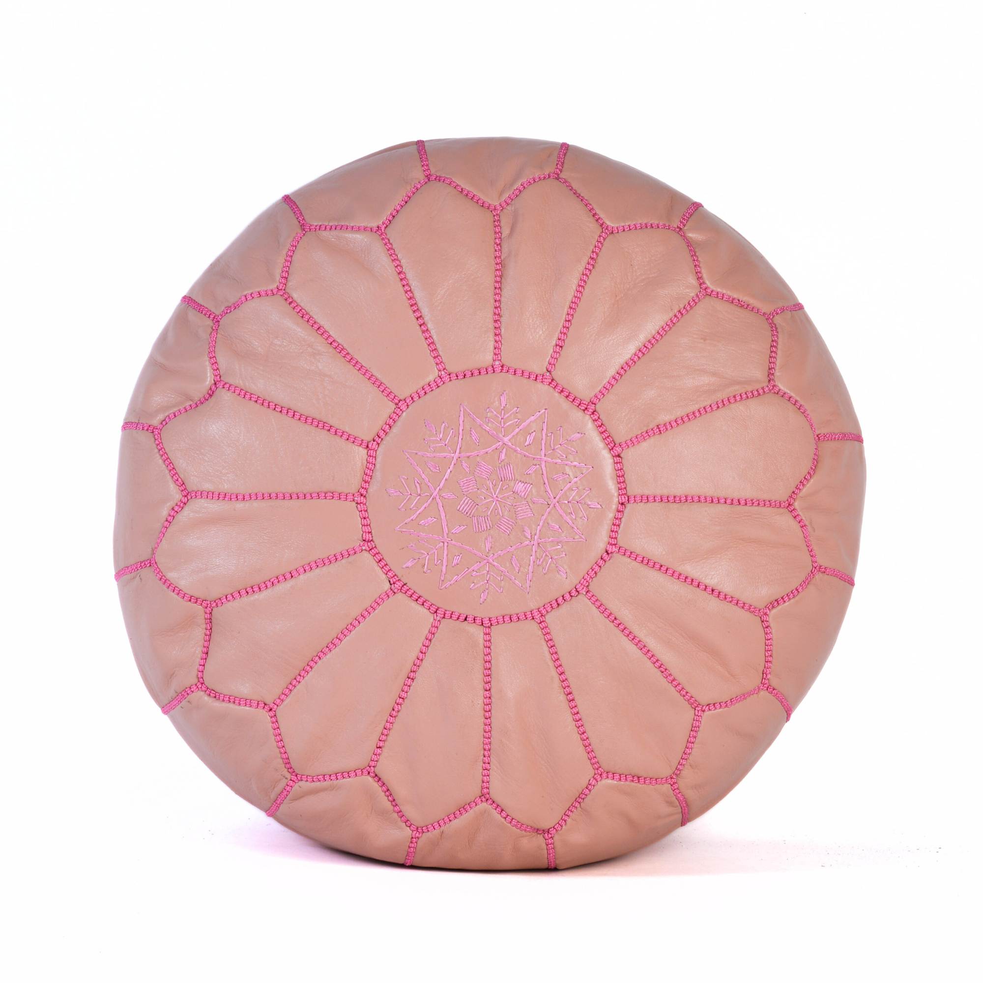 Pink Hand-Stitched Genuine Leather Ottoman Pouf with Embroidery