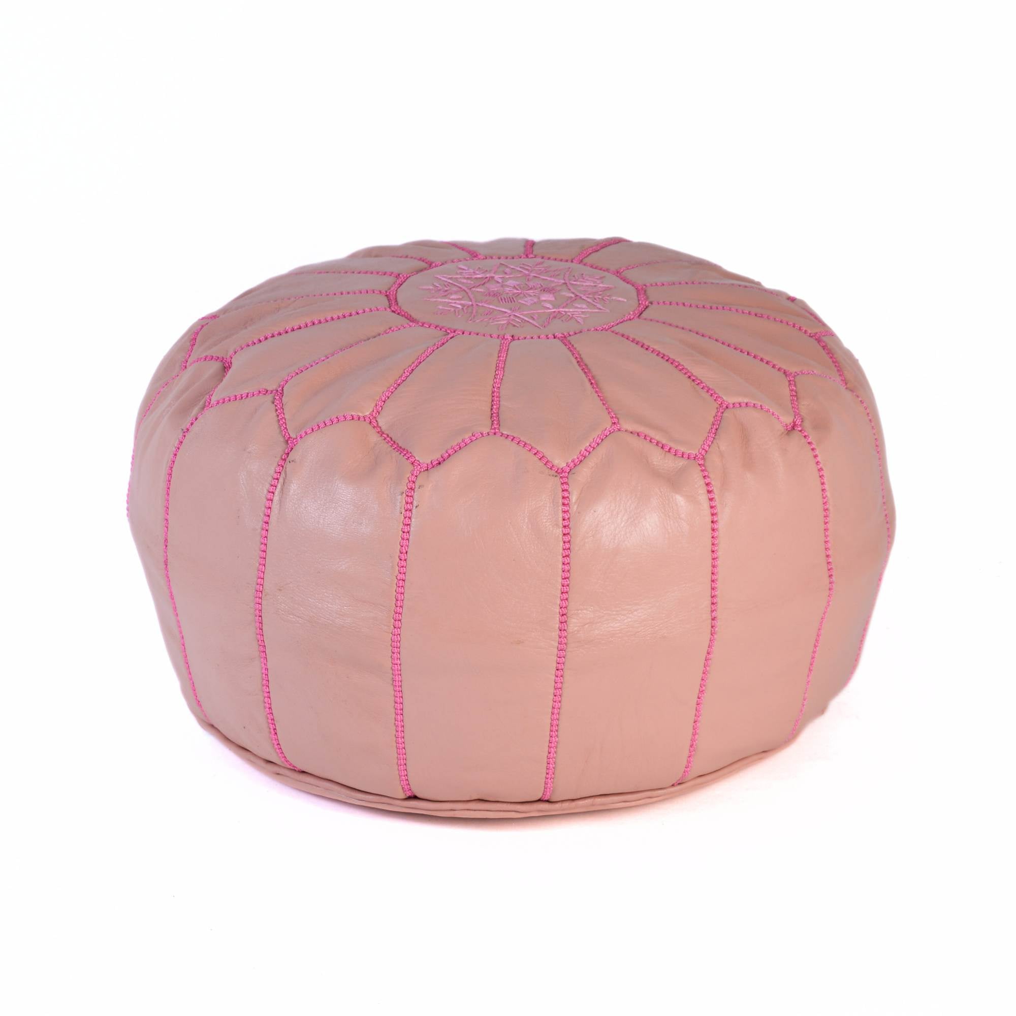 Pink Hand-Stitched Genuine Leather Ottoman Pouf with Embroidery