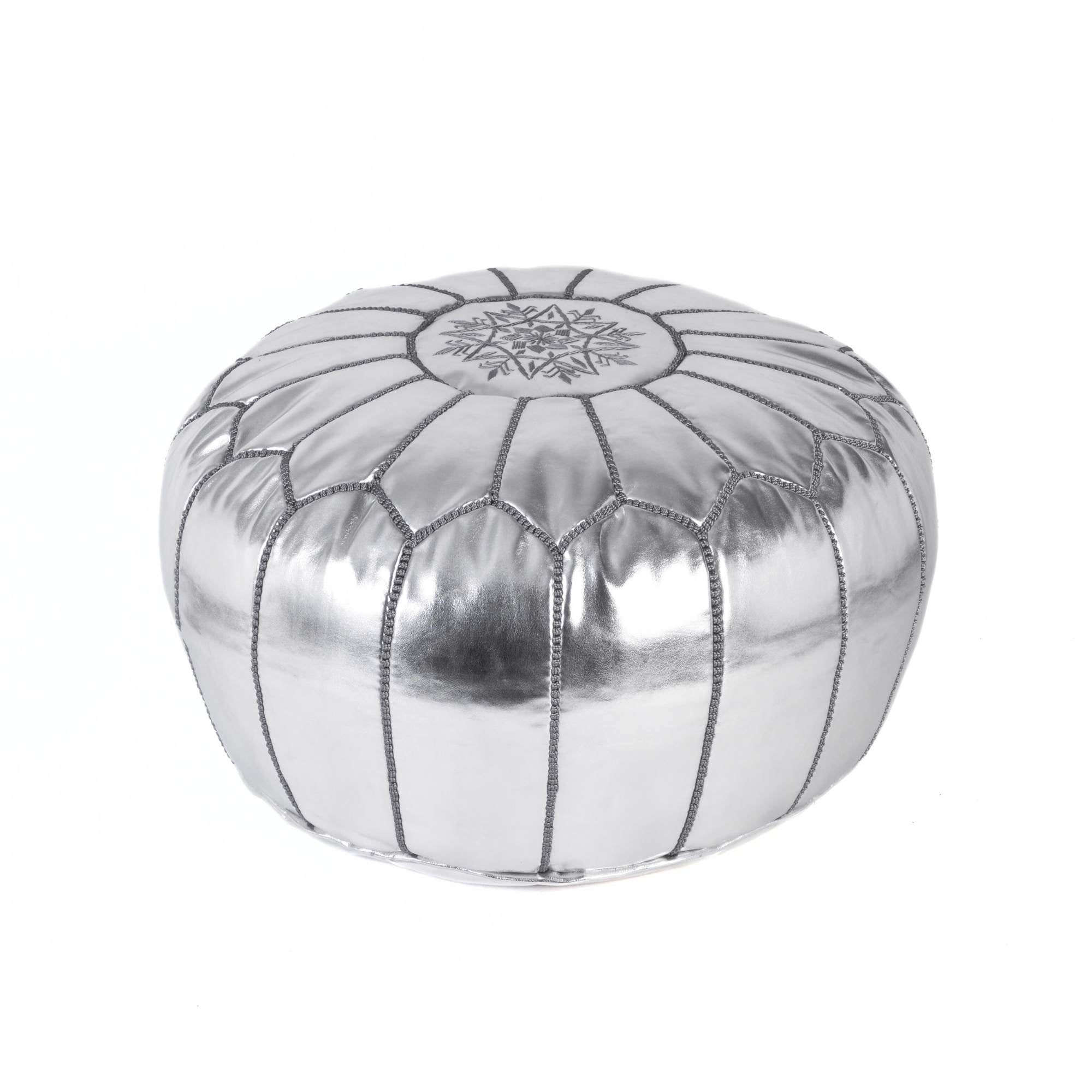 Silver Hand-Stitched Genuine Leather Ottoman Pouf with Embroidery