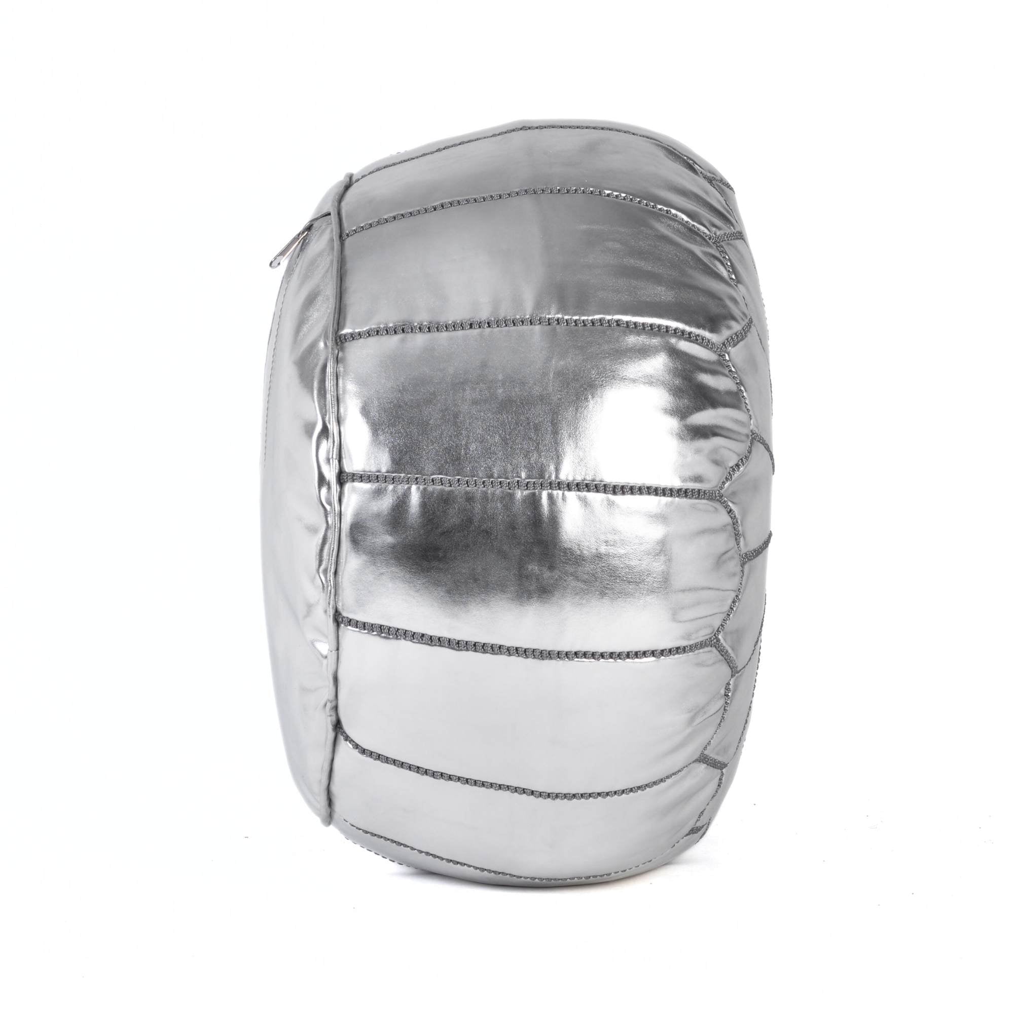 Silver Hand-Stitched Genuine Leather Ottoman Pouf with Embroidery