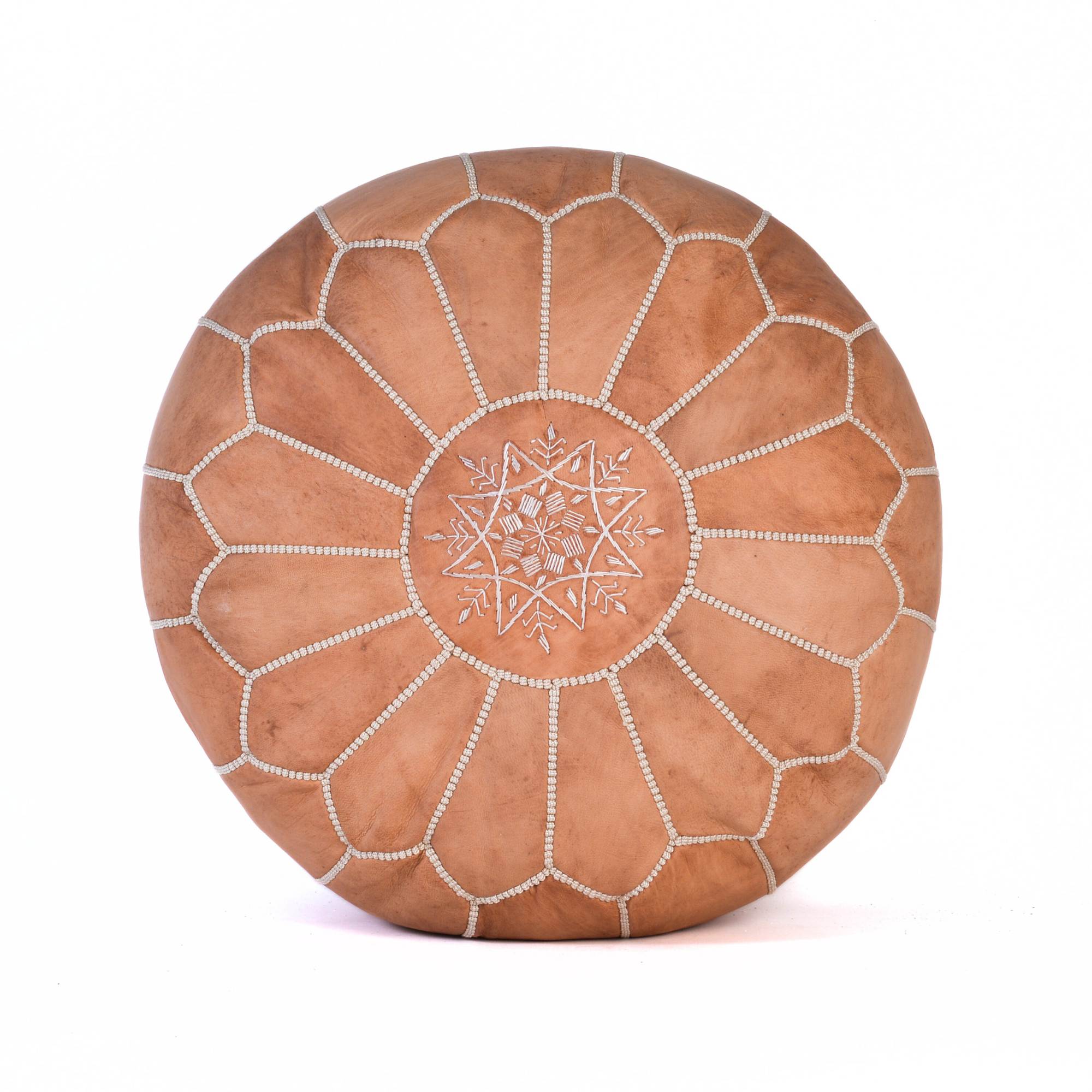 Tan Brown Hand-Stitched Genuine Leather Ottoman Pouf with Embroidery