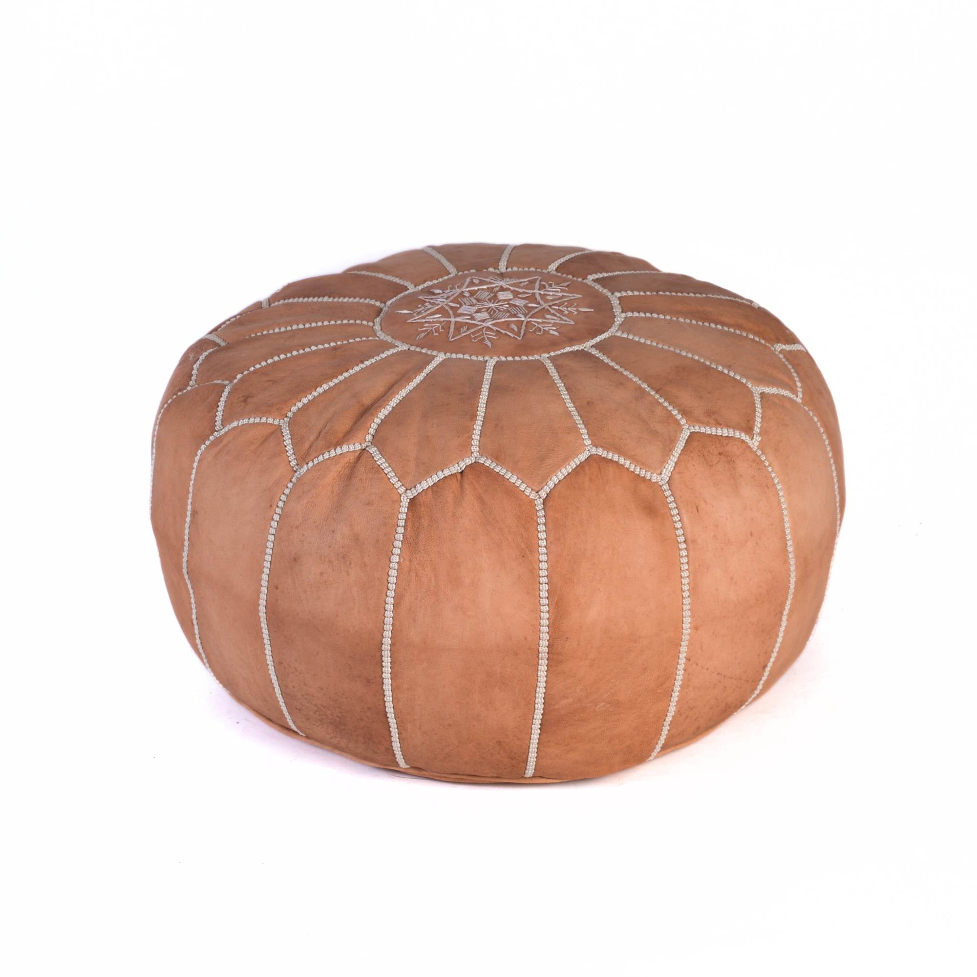 Tan Brown Hand-Stitched Genuine Leather Ottoman Pouf with Embroidery