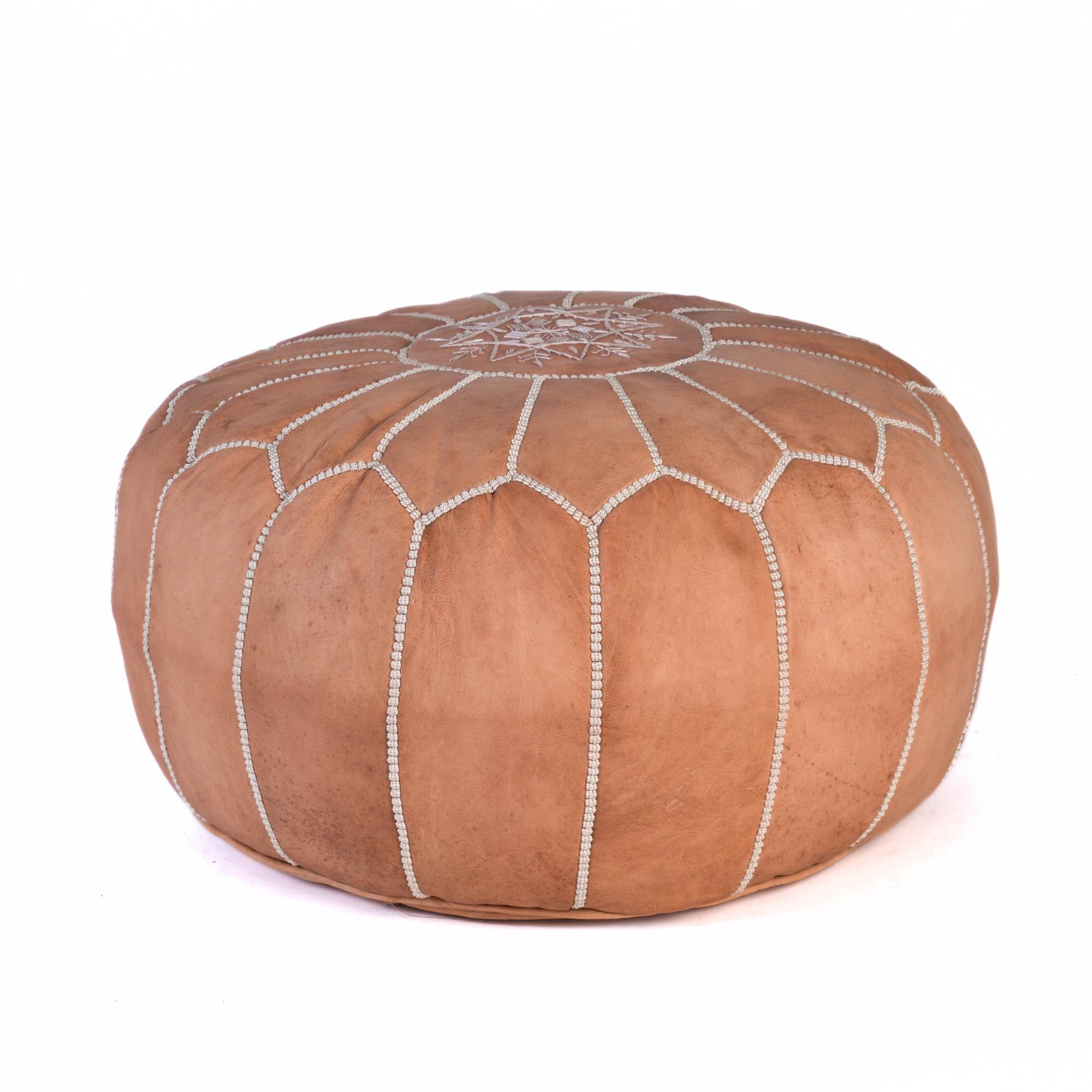 Tan Brown Hand-Stitched Genuine Leather Ottoman Pouf with Embroidery