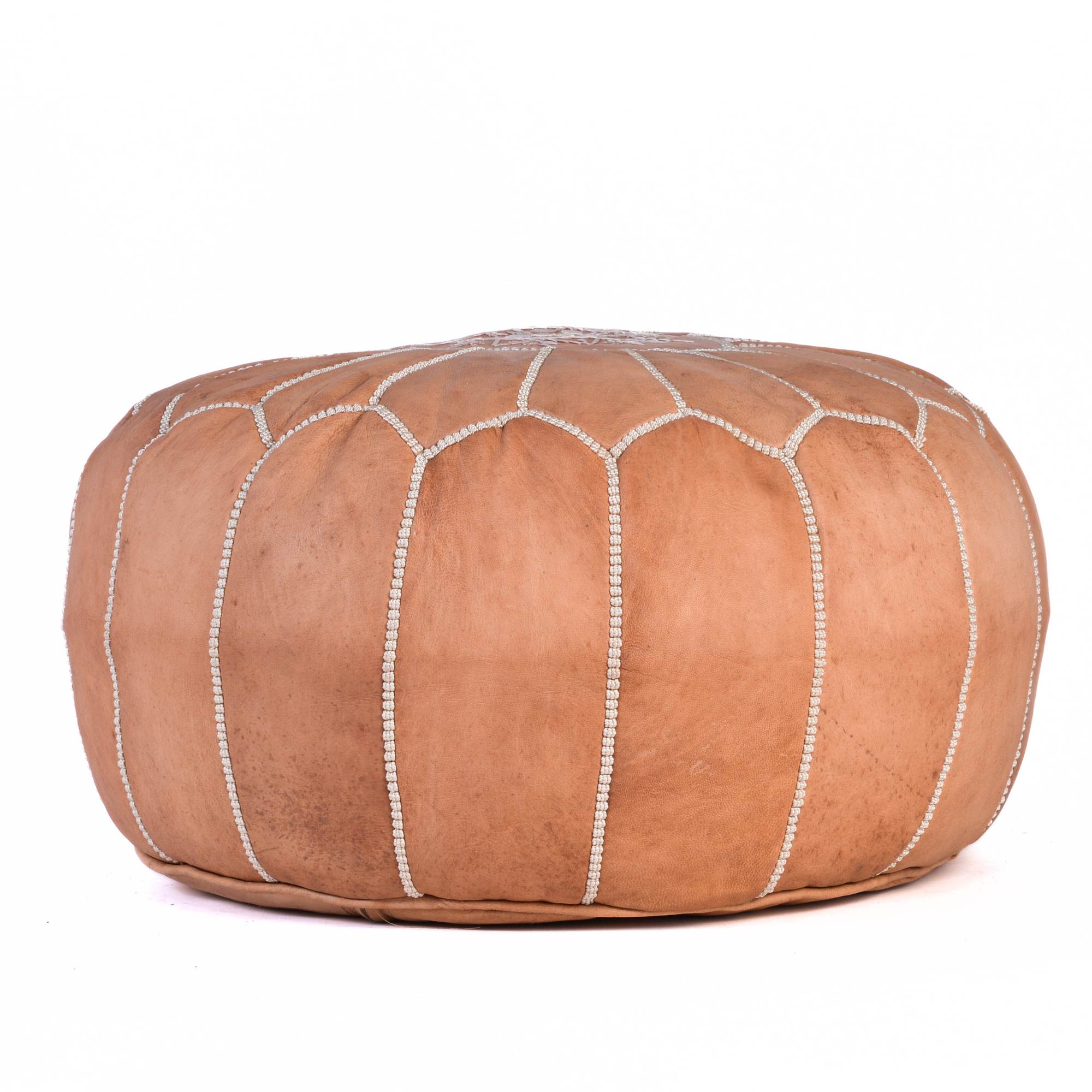 Tan Brown Hand-Stitched Genuine Leather Ottoman Pouf with Embroidery
