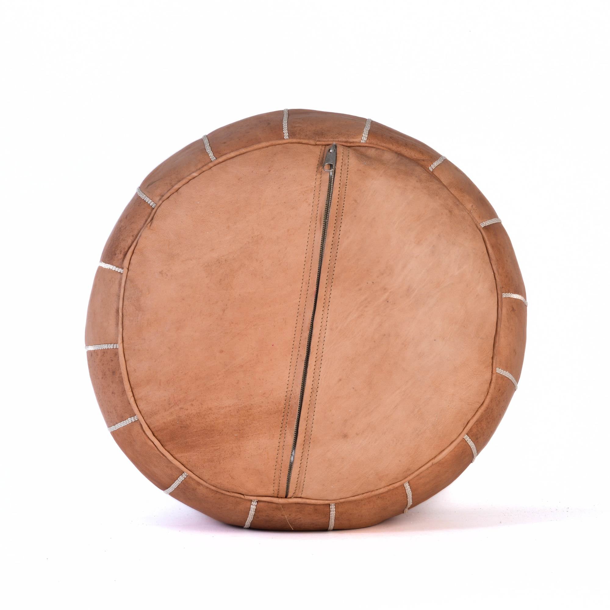 Tan Brown Hand-Stitched Genuine Leather Ottoman Pouf with Embroidery