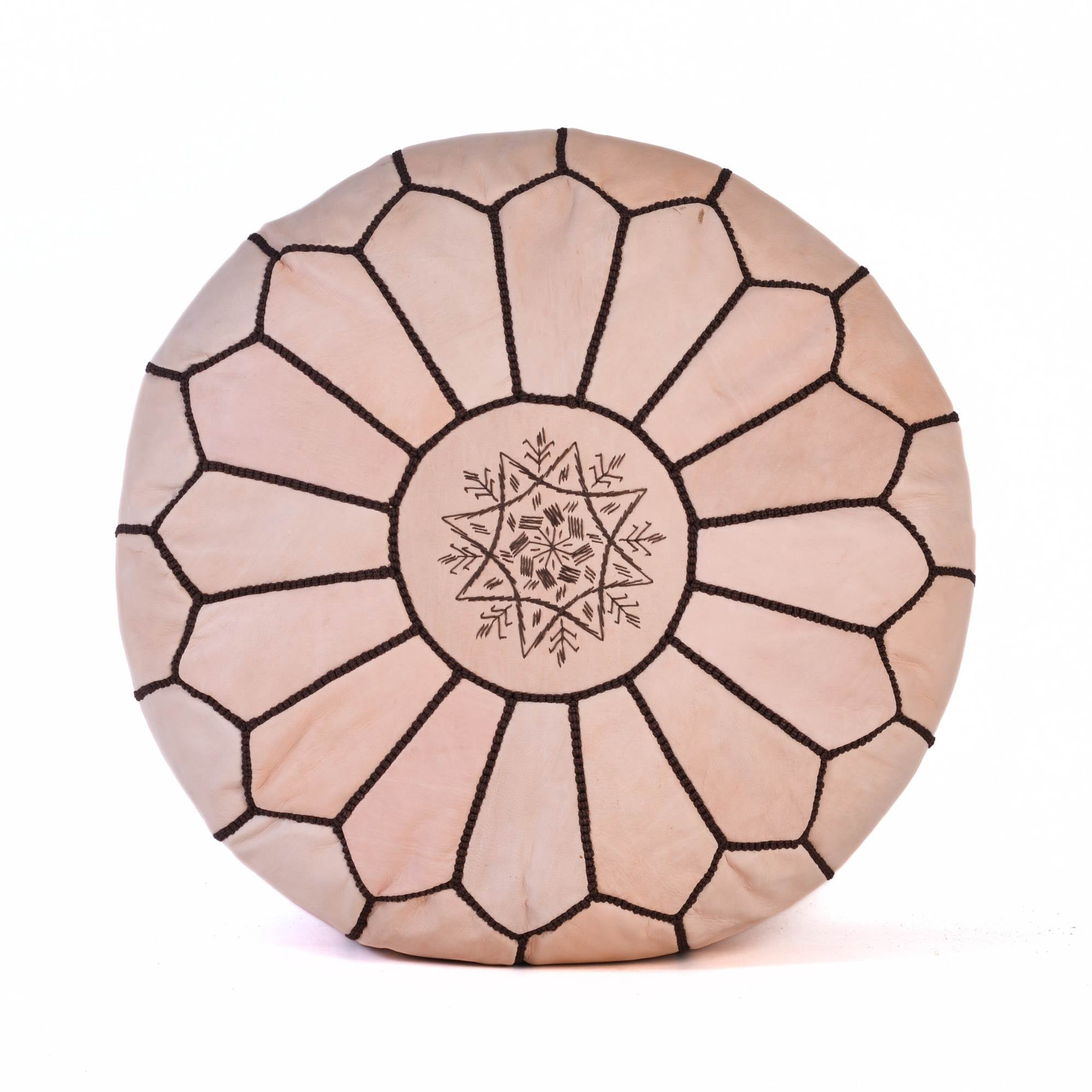 Tan Natural Hand-Stitched Genuine Leather Ottoman Pouf with Embroidery
