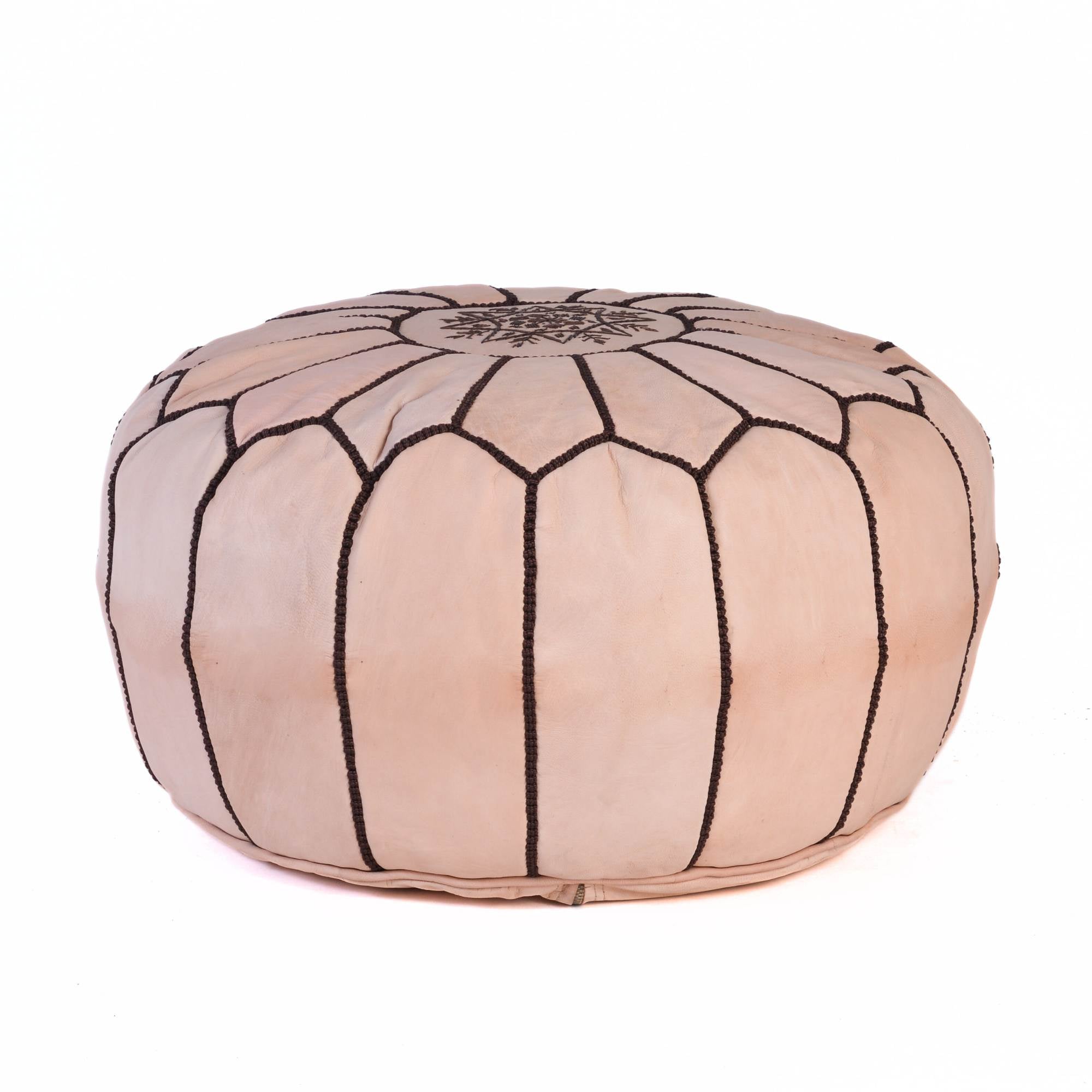 Tan Natural Hand-Stitched Genuine Leather Ottoman Pouf with Embroidery