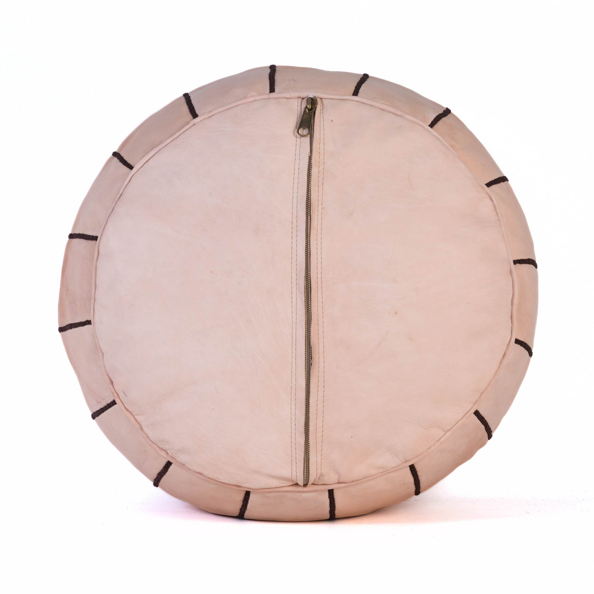 Tan Natural Hand-Stitched Genuine Leather Ottoman Pouf with Embroidery