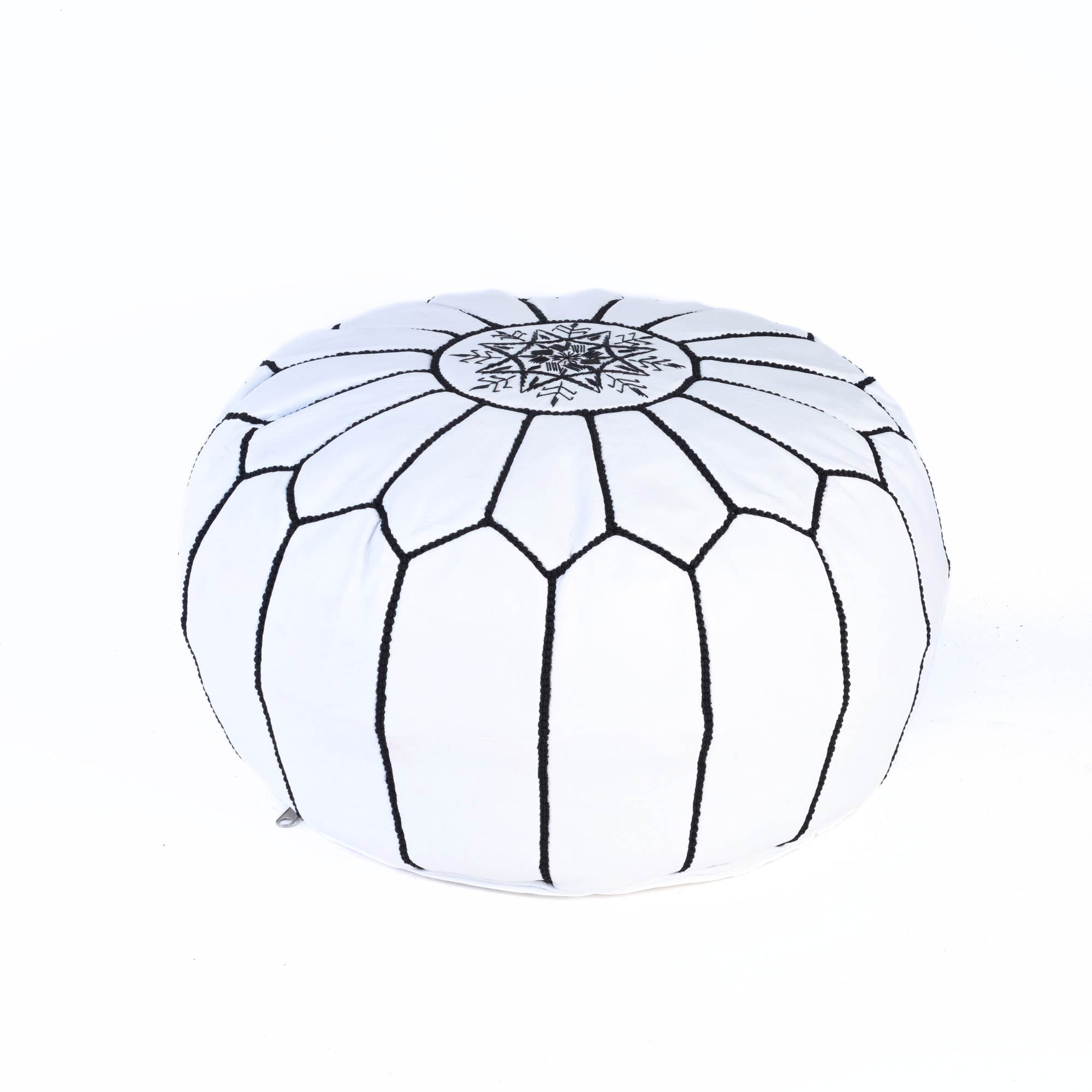 White Black Hand-Stitched Genuine Leather Ottoman Pouf with Embroidery