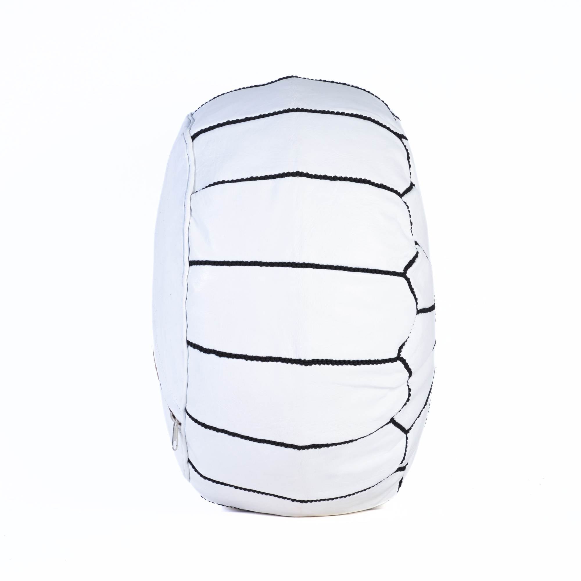 White Black Hand-Stitched Genuine Leather Ottoman Pouf with Embroidery