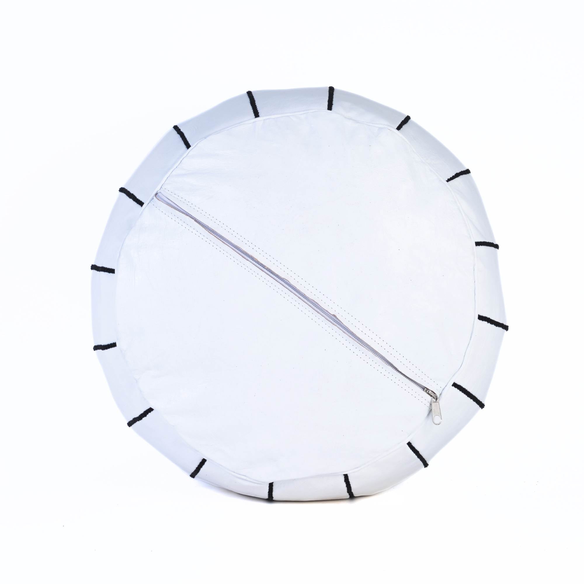 White Black Hand-Stitched Genuine Leather Ottoman Pouf with Embroidery