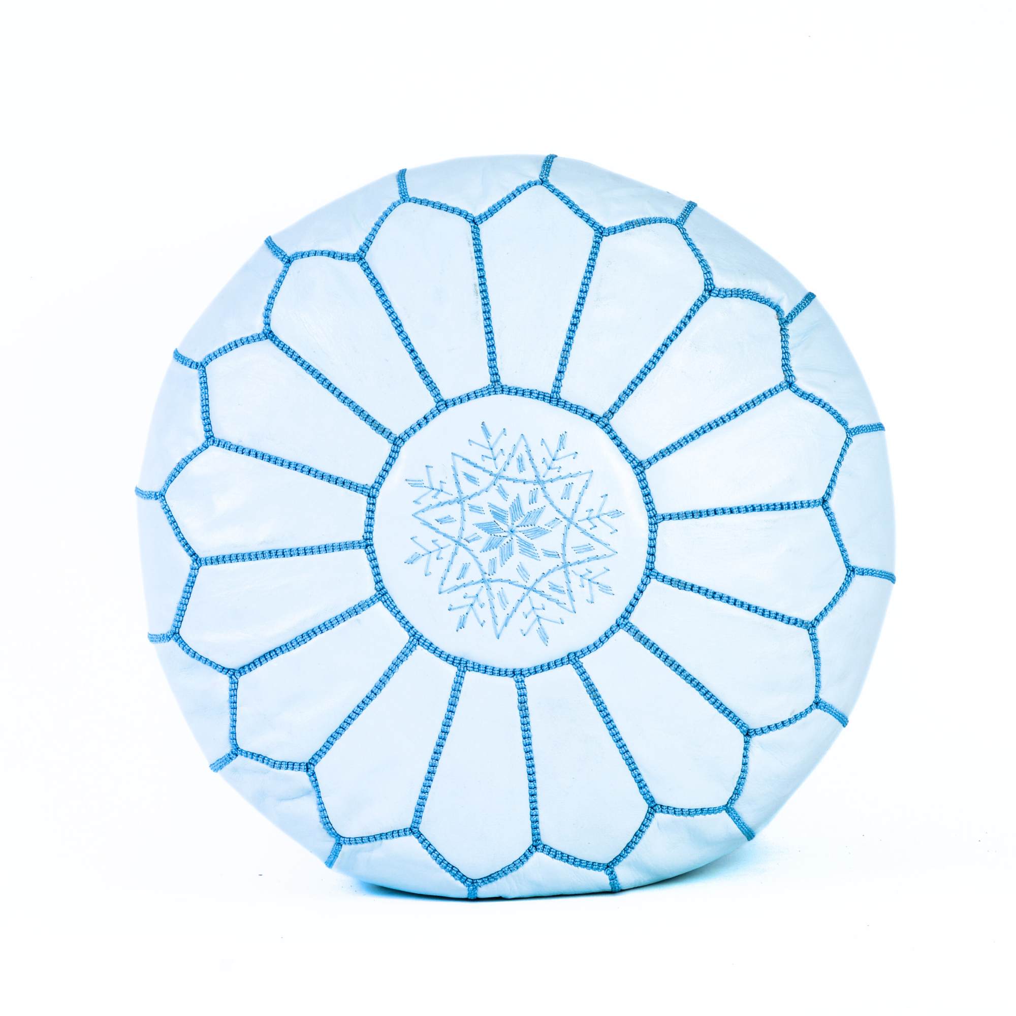 White Turquoise Hand-Stitched Genuine Leather Ottoman Pouf with Embroidery
