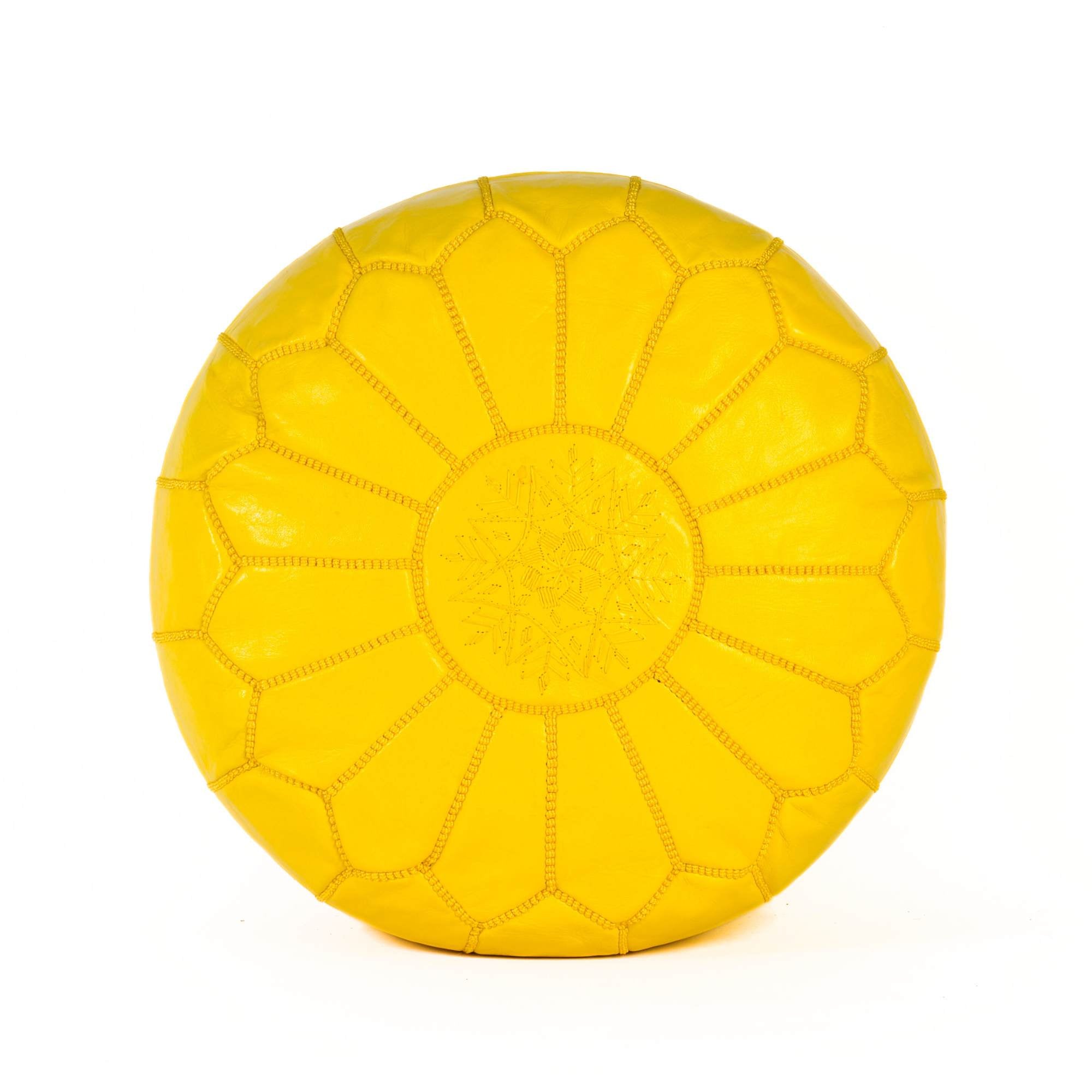 Yellow Hand-Stitched Genuine Leather Ottoman Pouf with Embroidery