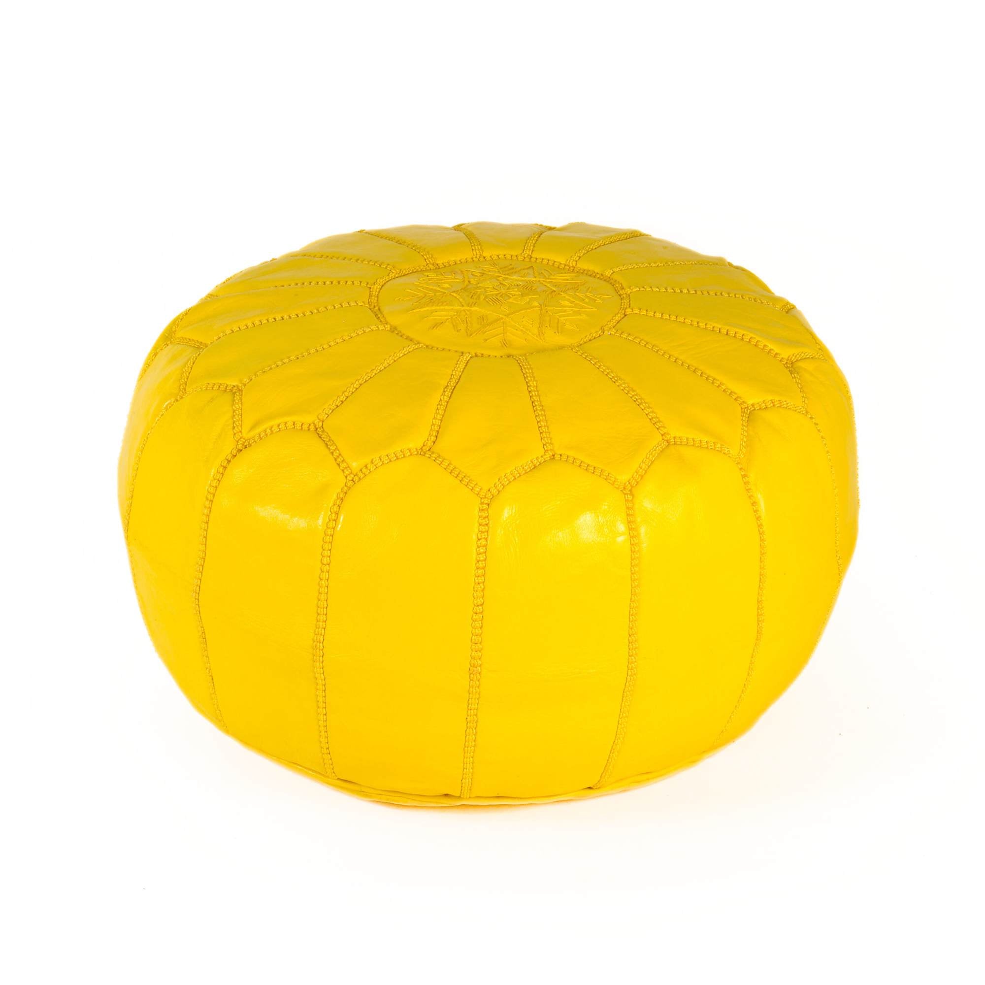 Yellow Hand-Stitched Genuine Leather Ottoman Pouf with Embroidery