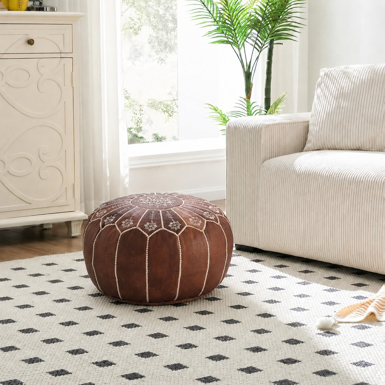 Brown Round Moroccan Leather Ottoman Pouf Handmade Embroidered - LuxoraCraft