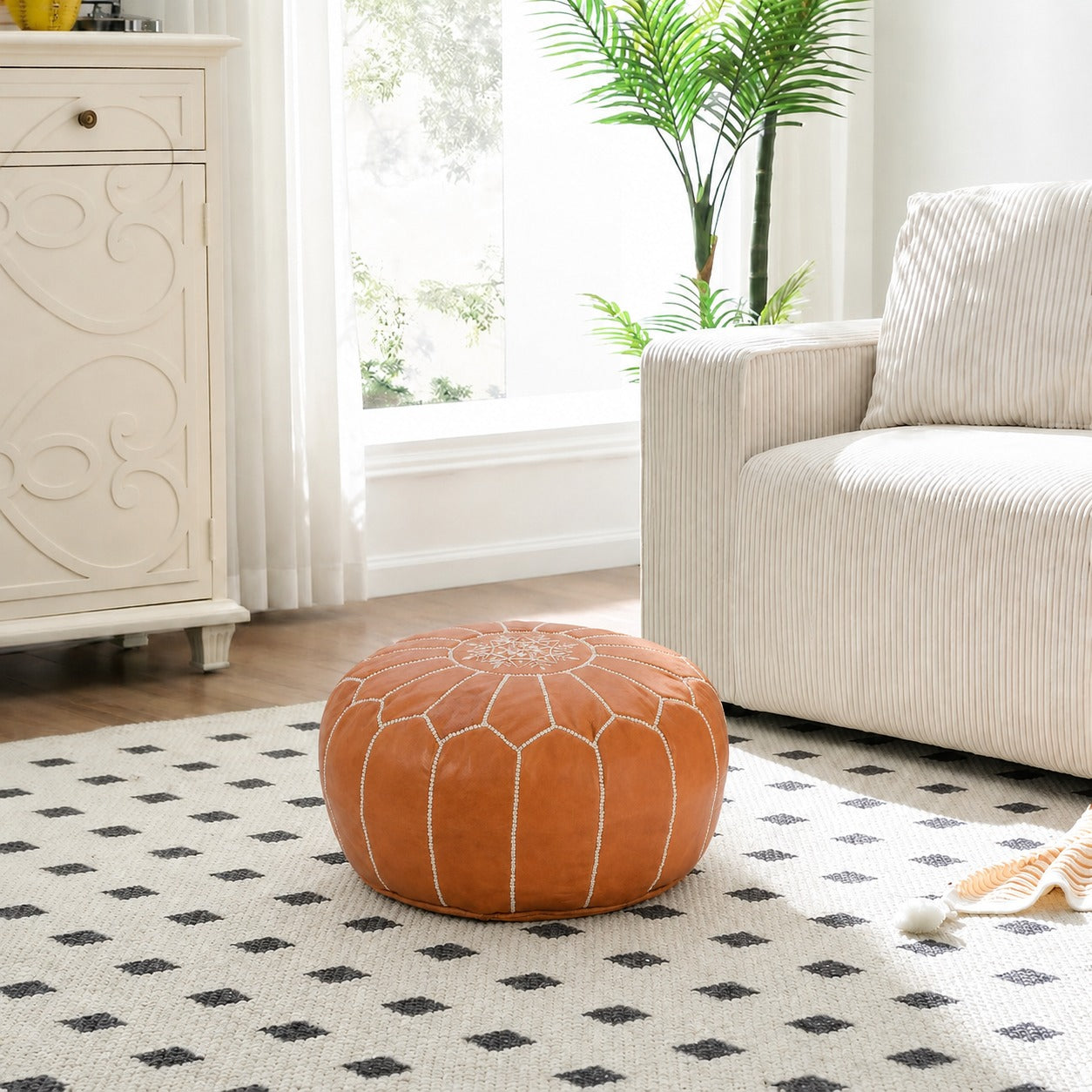 Cognac Round Moroccan Leather Ottoman Pouf Handmade Embroidered - LuxoraCraft