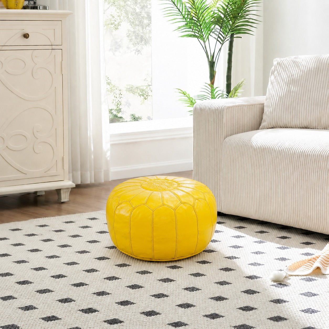 Yellow Round Moroccan Leather Ottoman Pouf Handmade Embroidered - LuxoraCraft