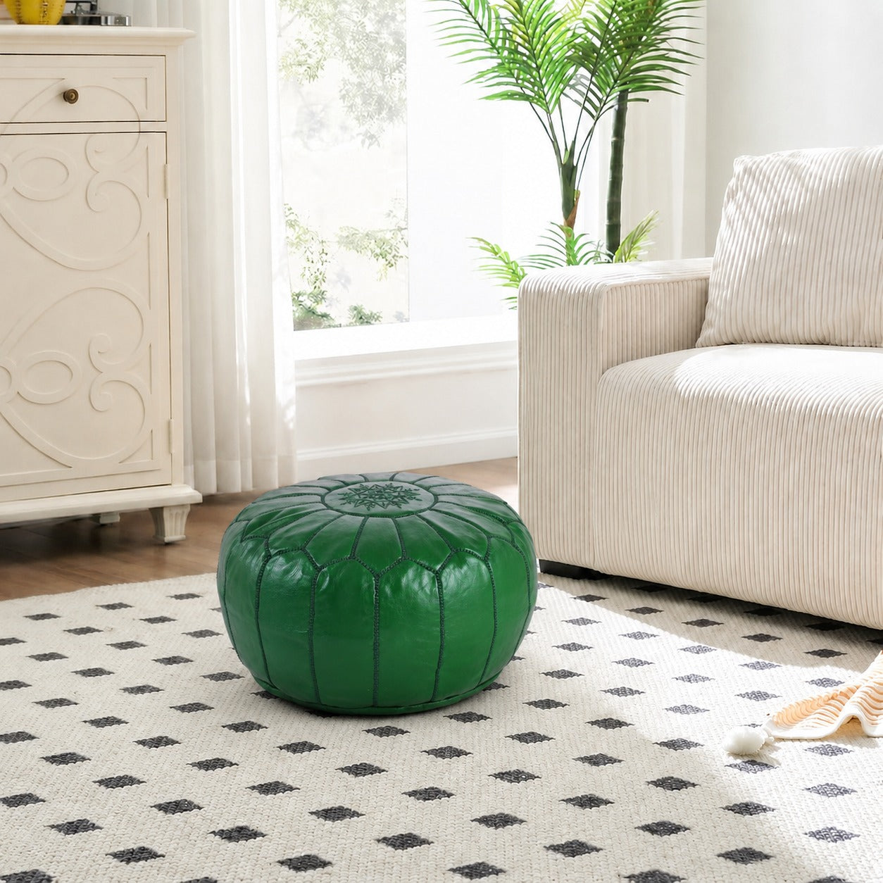 Dark Green Round Moroccan Leather Ottoman Pouf Handmade Embroidered - LuxoraCraft