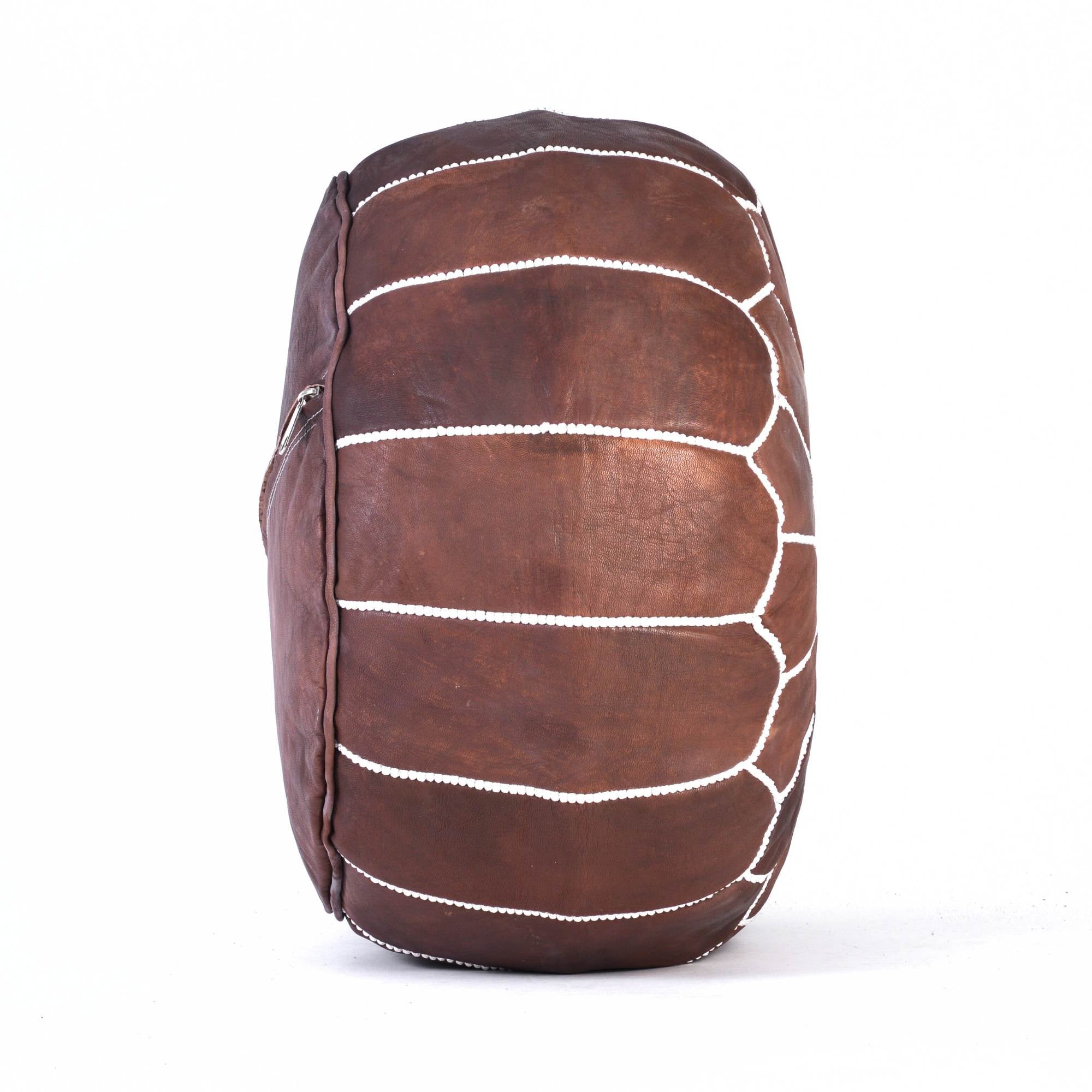 Brown Hand-Stitched Genuine Leather Ottoman Pouf with Embroidery